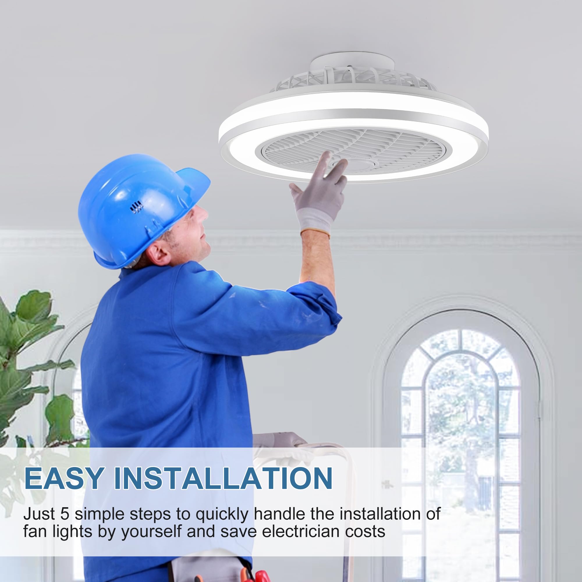 HUMHOLD 20" Ceiling Fan with Lights, Enclosed Ceiling Fan with Light Low Profle Flush Mount Led Bladeless Ceiling Fan -Remote Control 6 Wind Speeds and 3 Colors Adjustment for Bedroom/Living Room