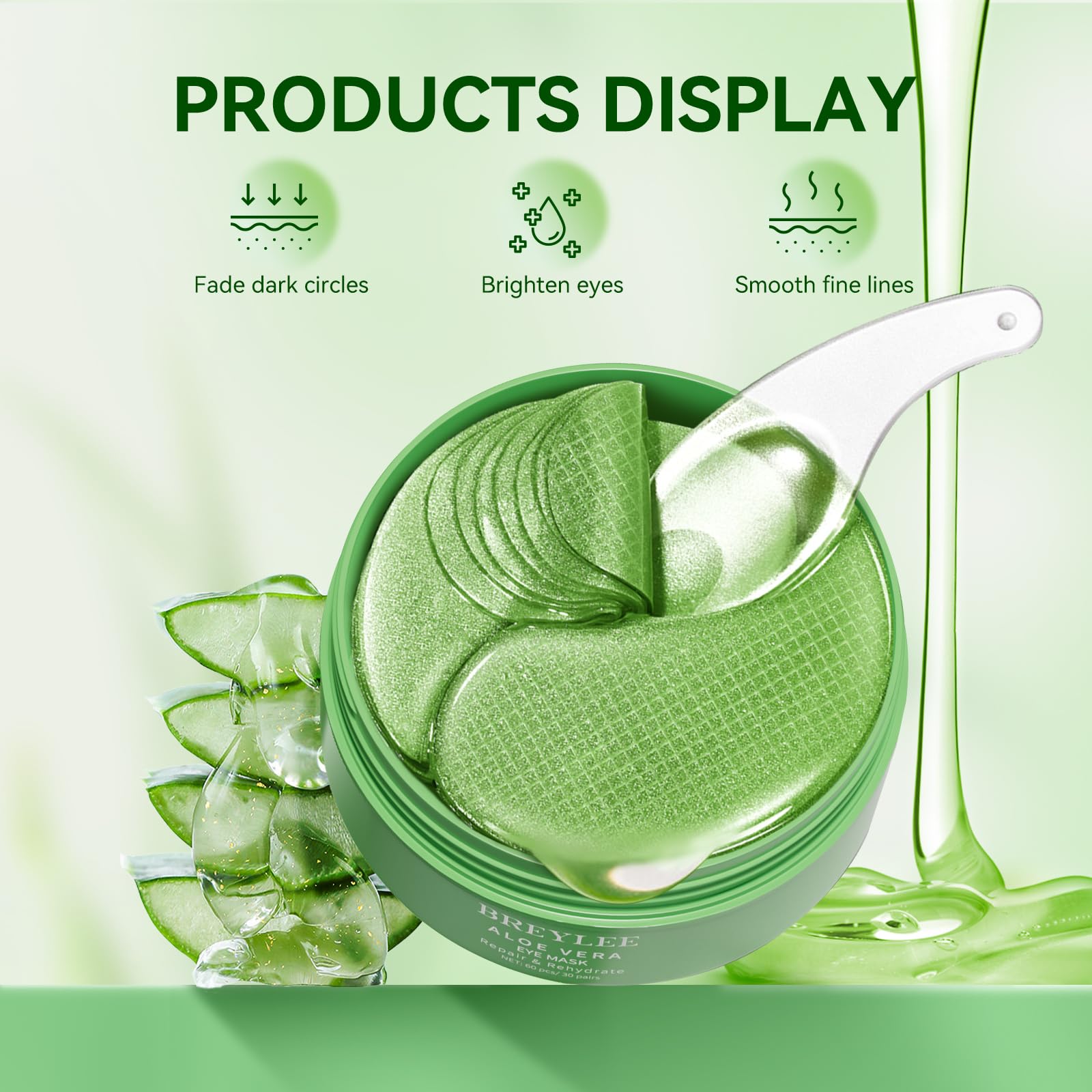BREYLEE Aloe Vera Eye Masks– 60 Pcs - Puffy Eyes and Dark Circles Treatments – Look Younger and Reduce Wrinkles and Fine Lines Undereye, Improve and Firm eye Skin - Pure Natural Material Extraction