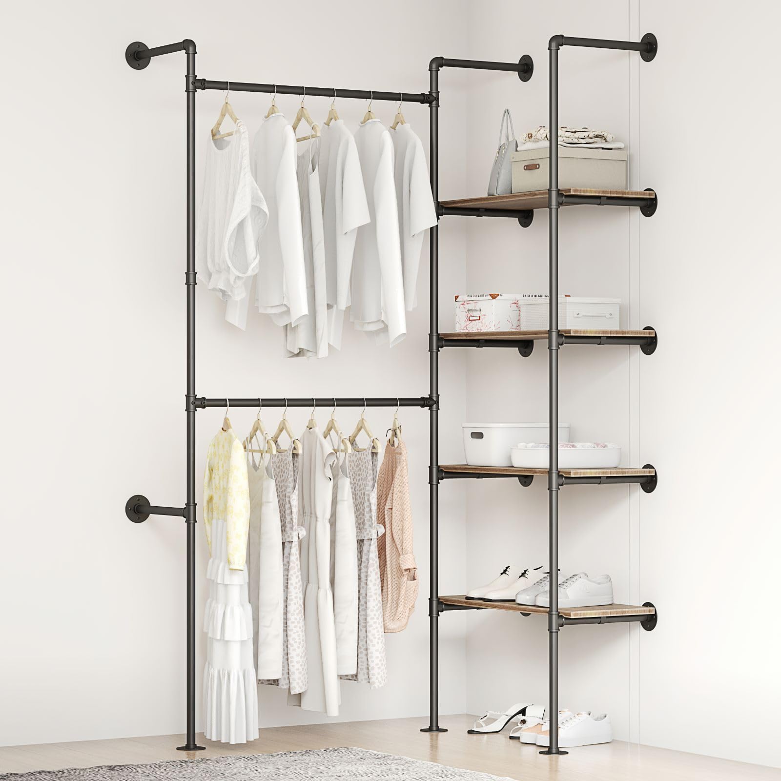 Woskar Industrial Pipe Clothing Rack, Hanging Rods Clothes Rack with Shelves, Clothes Rack for Wardrobe, Corner Closet System for Walk in Closets (Black, II-4Tier)