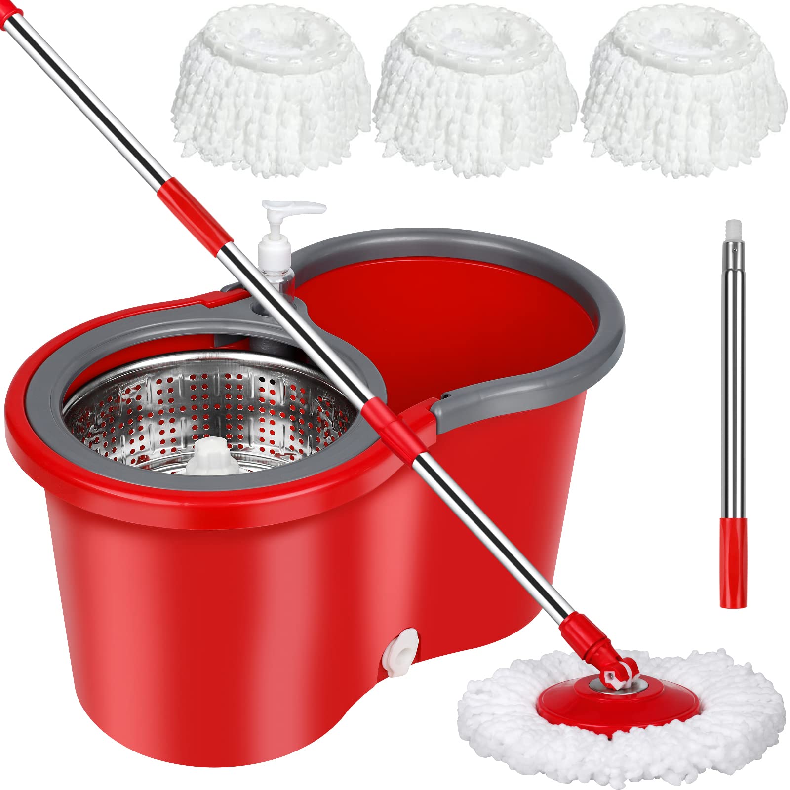 PULNDA Spin Mop and Bucket with Wringer Set,Mop and Bucket Set for Floor Cleaning with 3 Mop Refills 61 inches Telescoping Mop Rod for Office and Home use,Red,(360 Mop bucket)