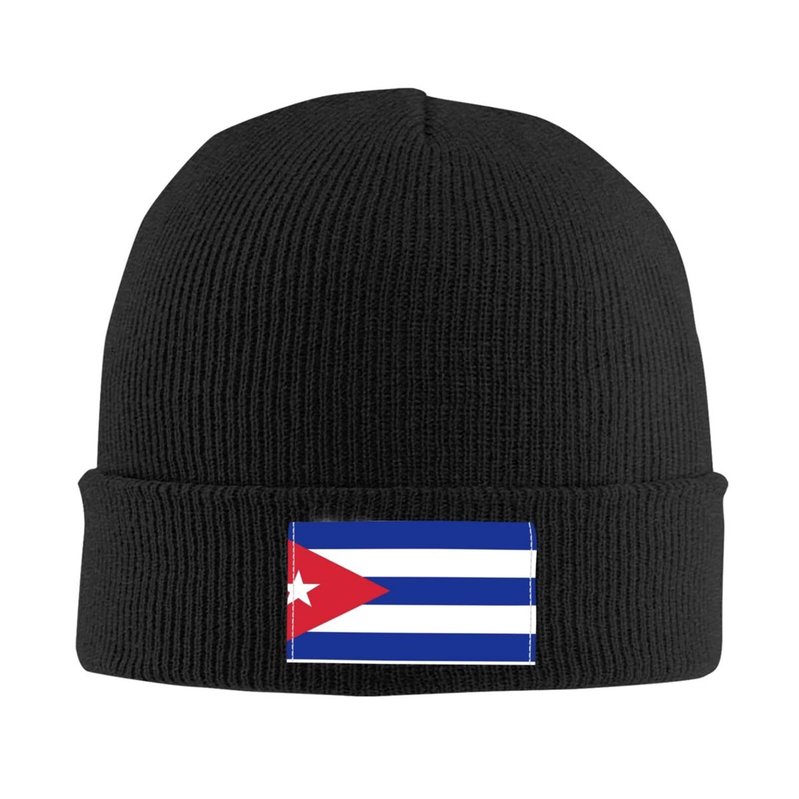 Cute Cuba Flag Knit Hat Soft Classic Stretchy Ski Beanie Cap Winter Cuban Warm Hats for Women Men Black