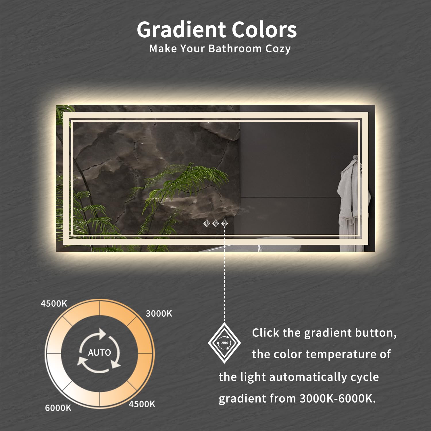 VanPokins Ligthed Bathroom Mirror, 60x28 Inch Gradient Front and Backlit LED Bathroom Mirror, 3 Colors Dimmable CRI>90 Double Lights, IP54 Enhanced Anti-Fog, Hanging Plates Wall Mount LED Mirror