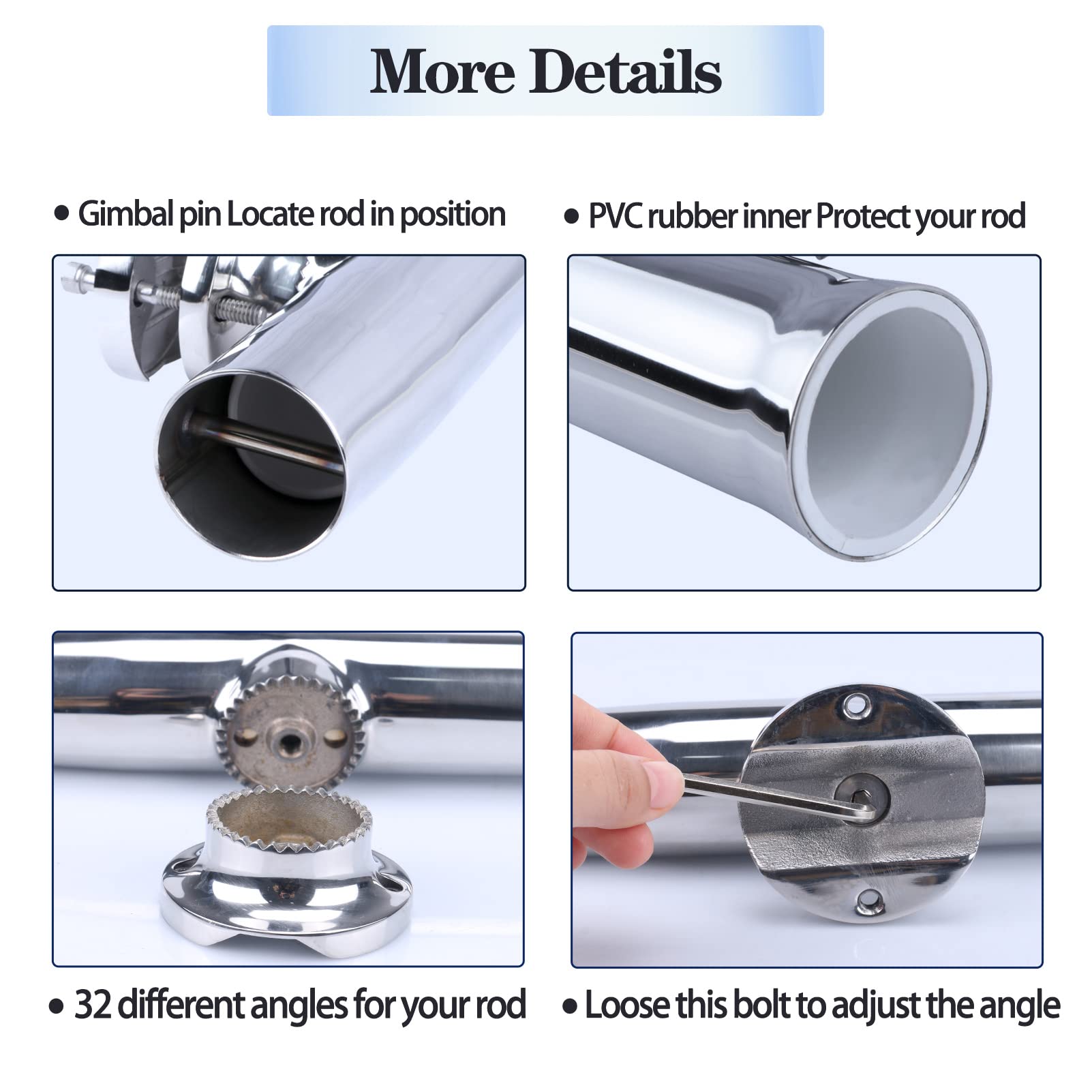 Marinebaby (2X) 316 Stainless Tournament Style Boat Fishing Holder Clamp on Fishing Rod Holder for Boat 1-1/4" to 2" Rail Gimbal Pin at Bottom