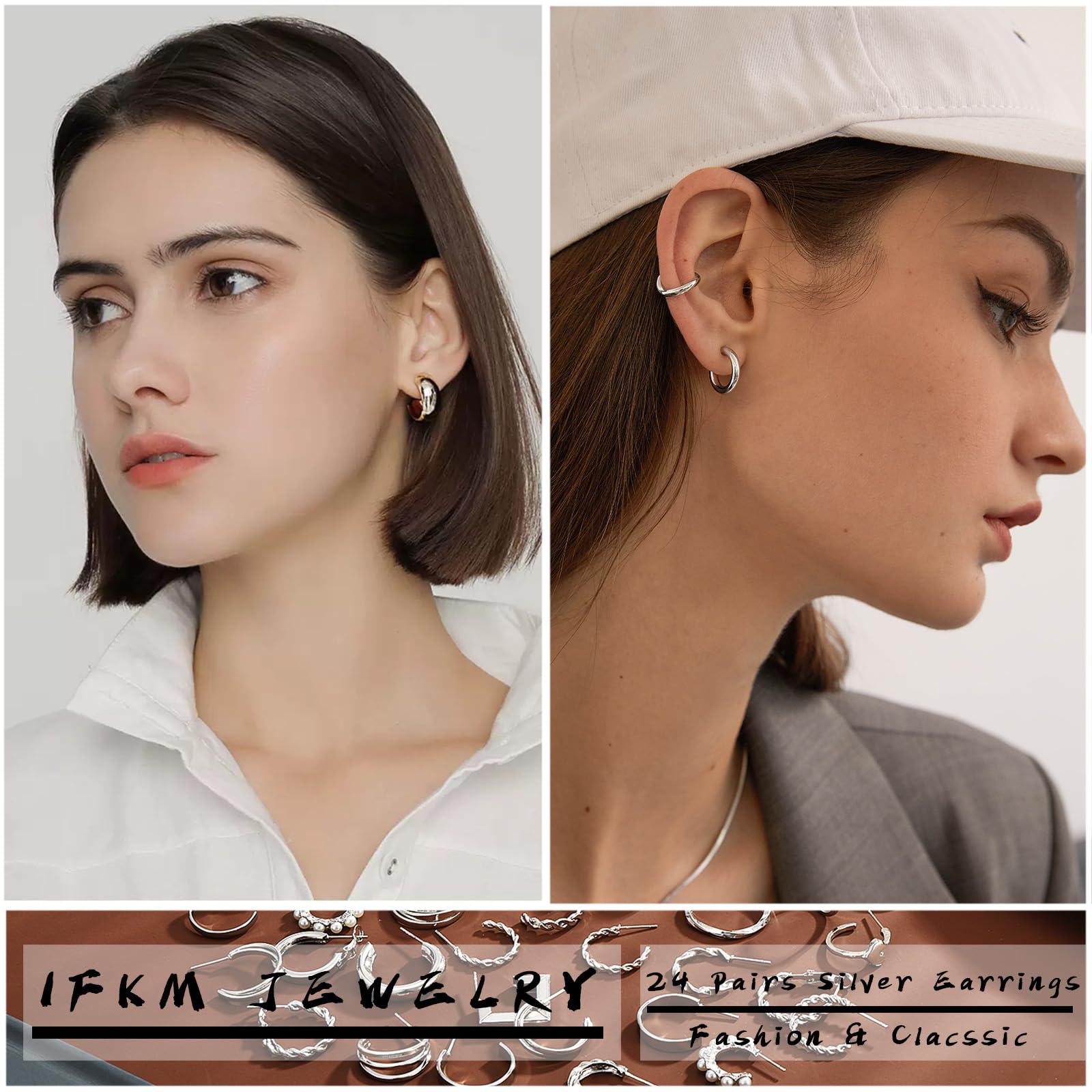 IFKM 24 Pairs Silver Hoop Earrings Set For Women Girls Hypoallergenic Chunky Chain Twisted Open Hoops Dangle Earring Packs For Birthday Party Christmas Fashion Jewelry Gift…