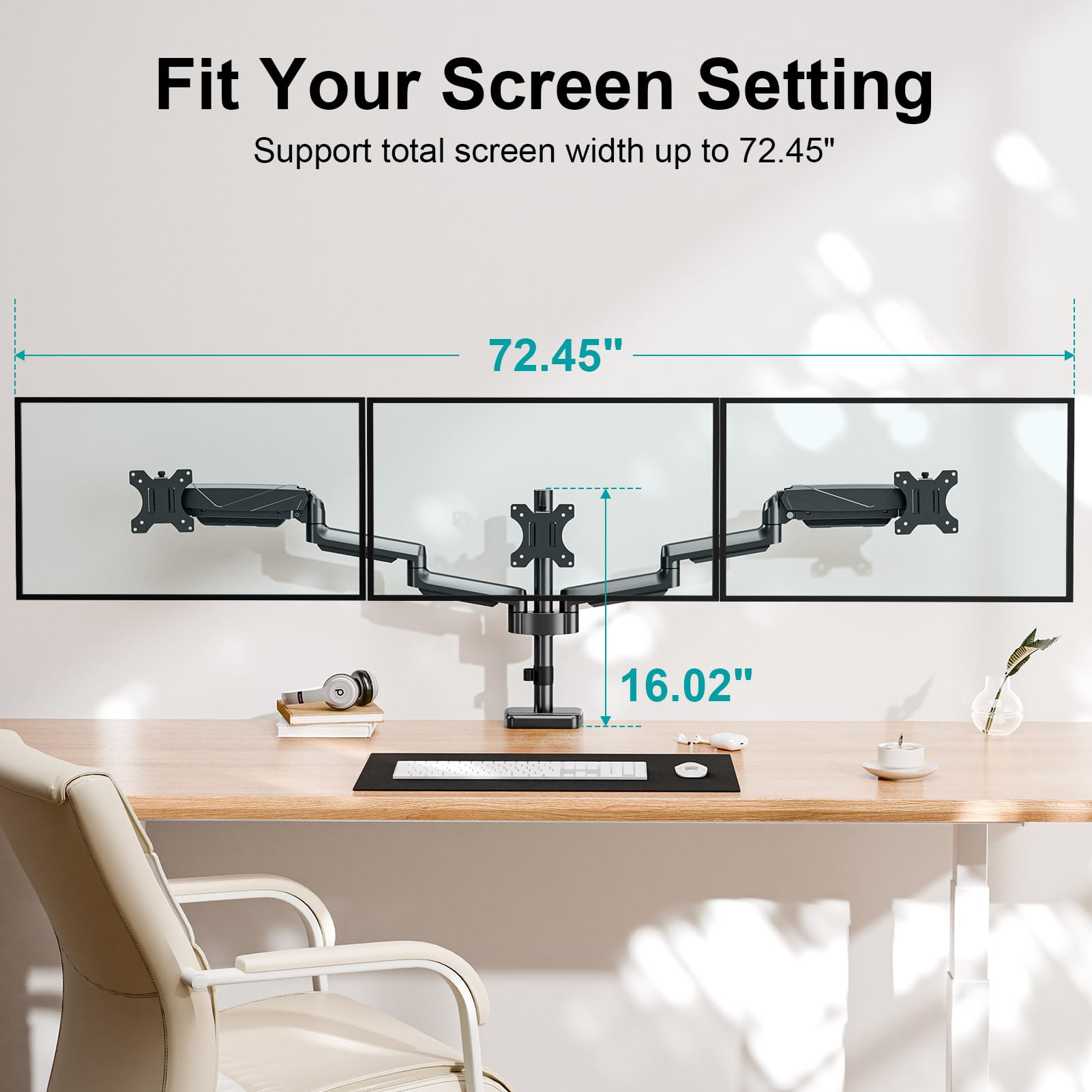 MOUNT PRO Triple Monitor Mount, 3 Monitor Desk Arm fits Three Max 27" LCD Computer Screens, up to 17.6lbs Each, Premium Gas Spring Monitor Stand with Tilt Swivel Rotation, Vesa Mount 75x75,100x100