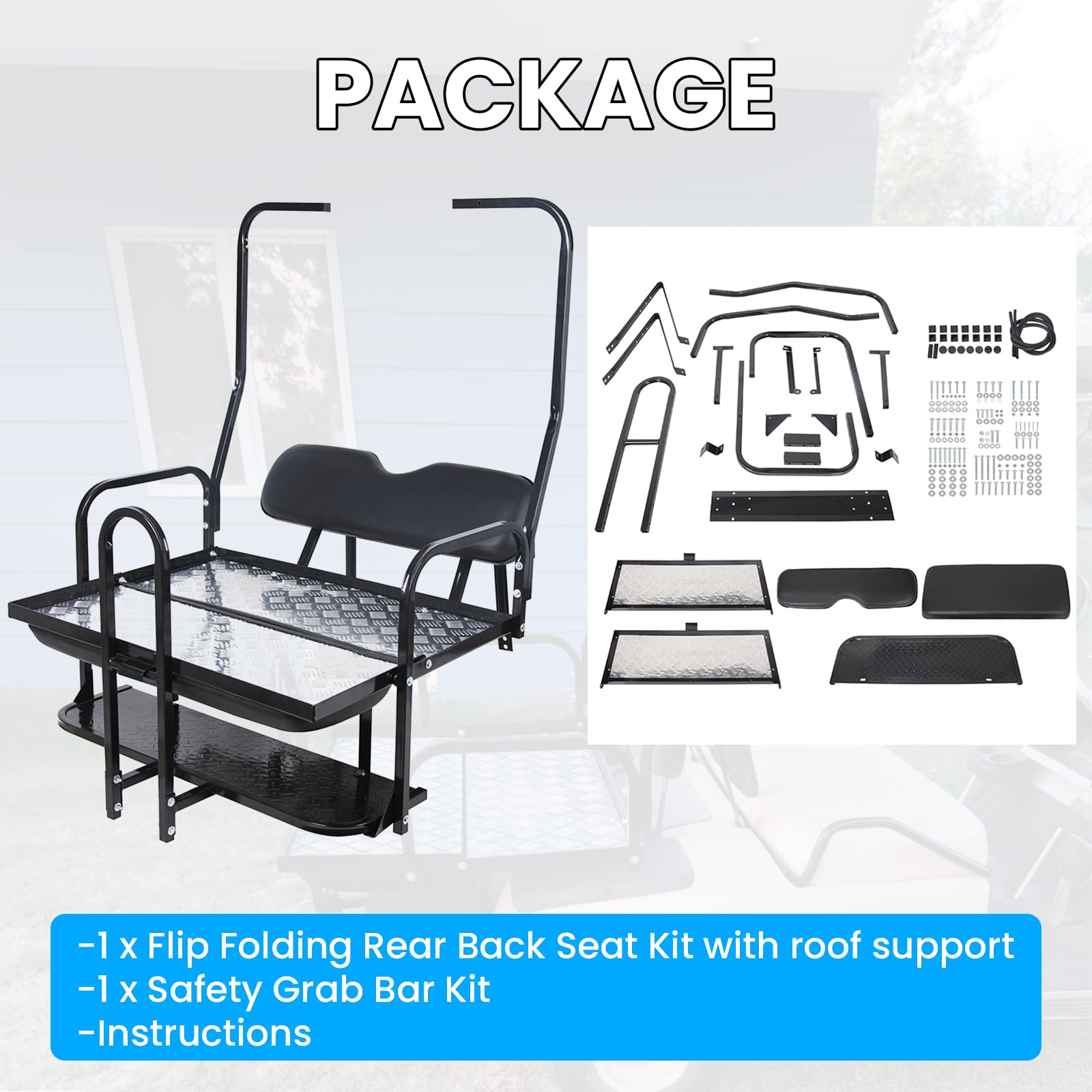 KUAFU Black Rear Flip Back Seat Compatible with 1982-2000.5 Club Car DS Model Golf Cart 1102 LBS Weight Capacity Heavy Duty Steel Frame Flip Folding Rear Back Seat Kit