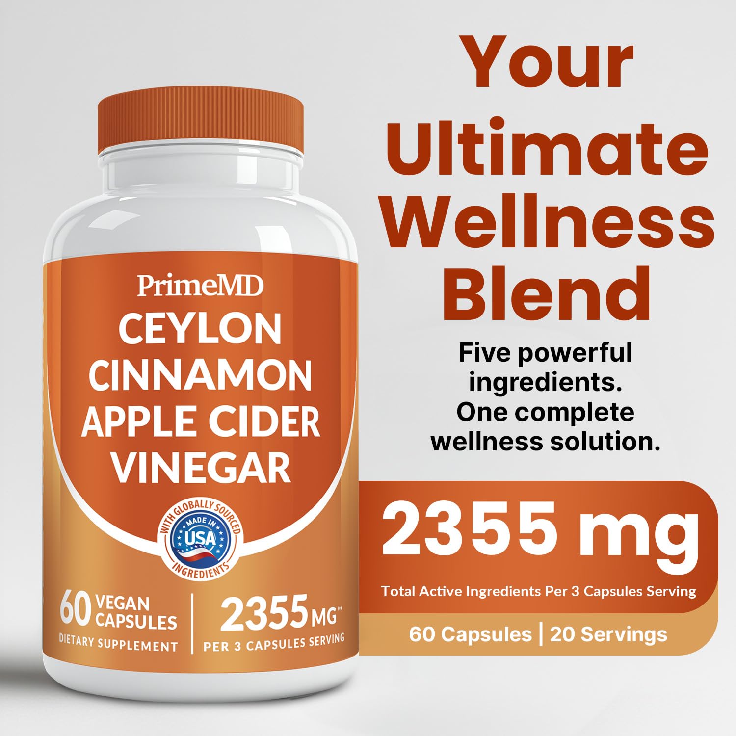 5-in-1 Ceylon Cinnamon Capsules 2355mg - Ceylon Cinnamon and Apple Cider Vinegar with Turmeric, Panax Ginseng, Cinnamon, and Bioperine, 60ct