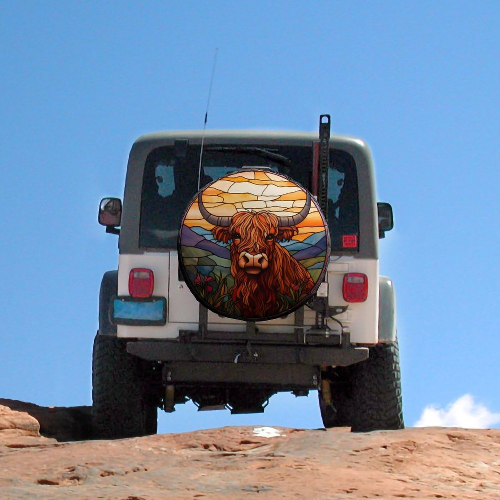 KIOWEIR Spare Tire Cover Highland Cowbright Stained Glass Wheel Tire Cover Universal Dust-Proof Tire Protectors for Trailer Rv Van SUV Truck Camper and Many Vehicle for Diameter 34''