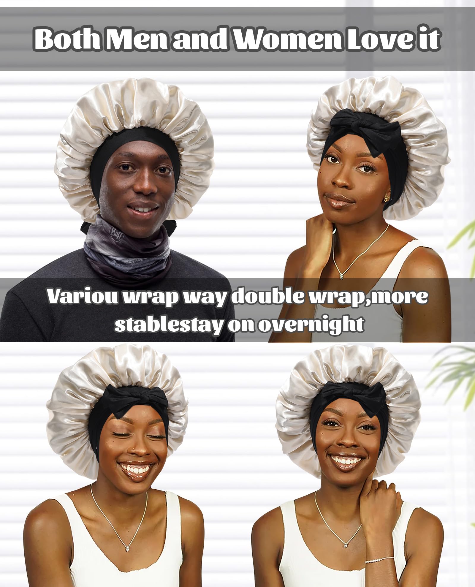 Satin Bonnet Silk Bonnet for Sleeping Silk Sleep Cap Double Layer Hair Bonnet with Elastic Tie Band for Curly Hair Night Cap (Black + Champagne)