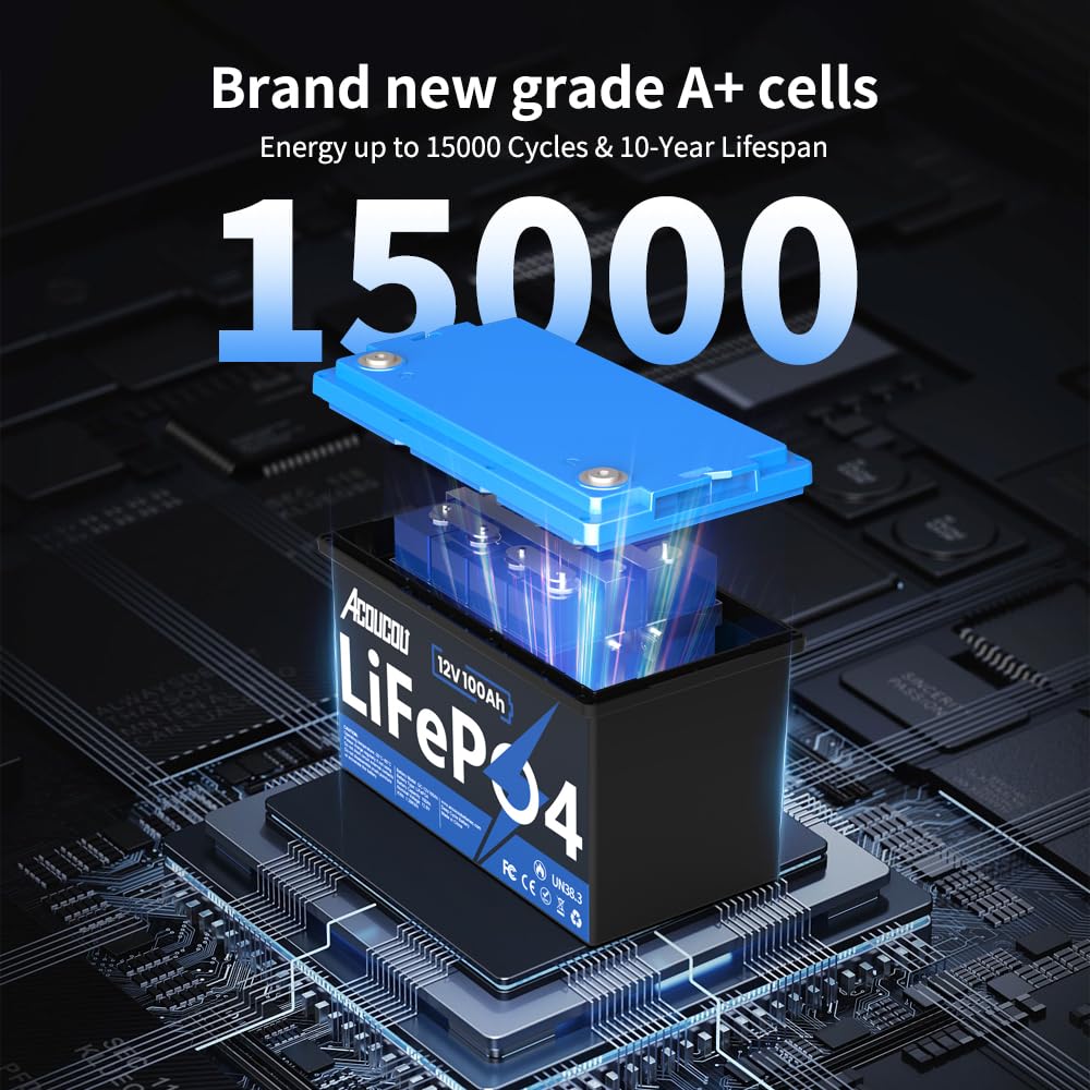 Acoucou 12V 100Ah Bluetooth LiFePO4 Battery, Group 31 Deep Cycle Battery with 100A BMS and 1280Wh Max to 15000 Cycles, Low-Temp Protection&10 Year Lifespan Perfect for RV,Solar System,Trolling Motors