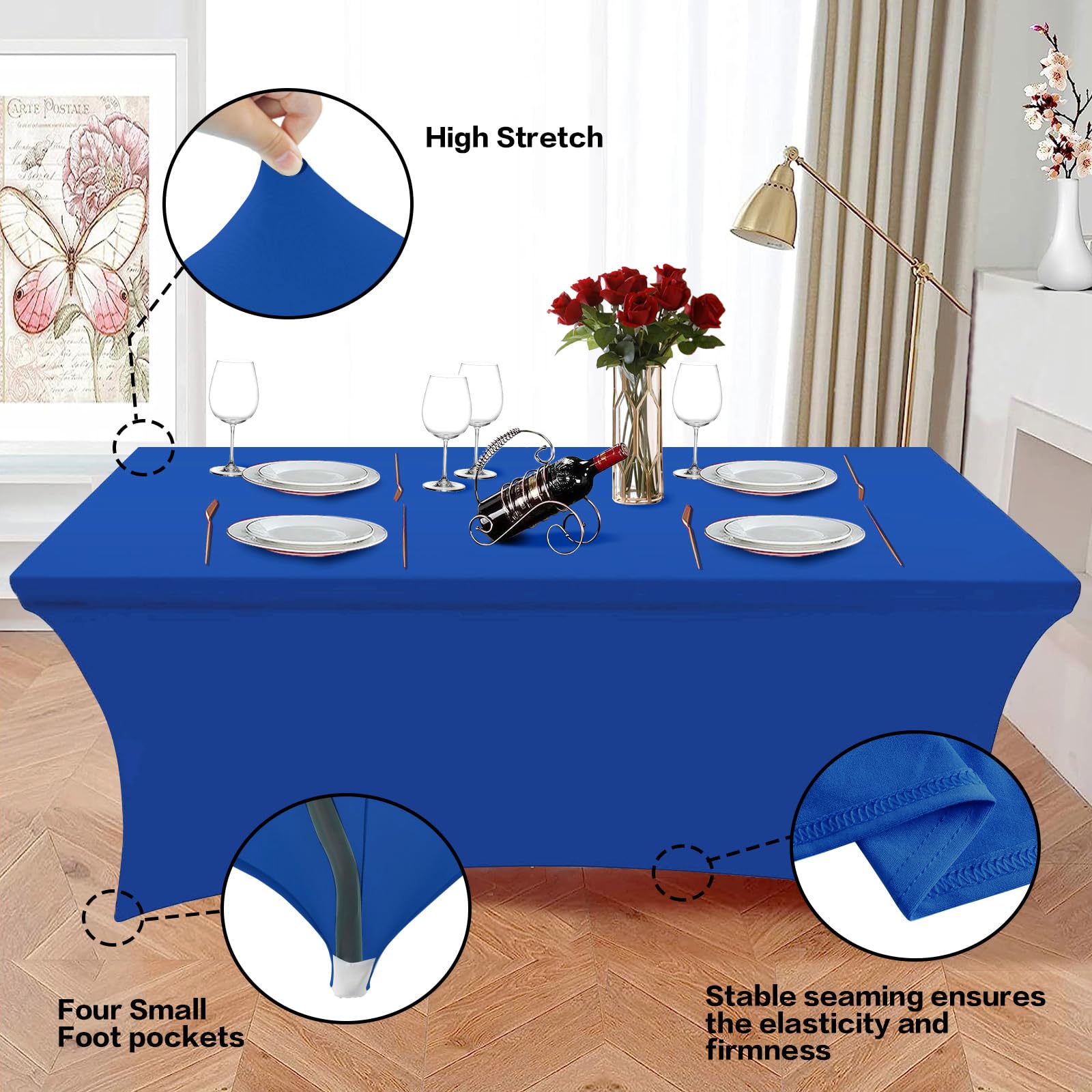 Hussome 4FT Table Cloth for Rectangular Tablecloth Royal Blue Stretch Fitted Table Cover Spandex Tablecloths Table Protector for Event, Cocktail, Wedding, Banquet or Parties