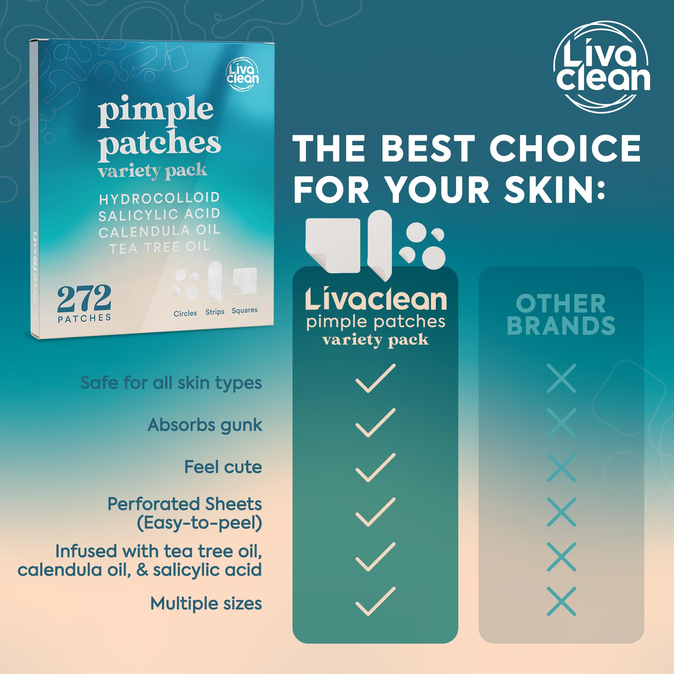 LivaClean 272 CT Pimple Patches Variety Pack w/ Tea Tree Oil, Salicylic Acid & Calendula Oil - Pimple Patches Large, Large Pimple Patches for Face Acne Patches Large, Hydrocolloid Patches
