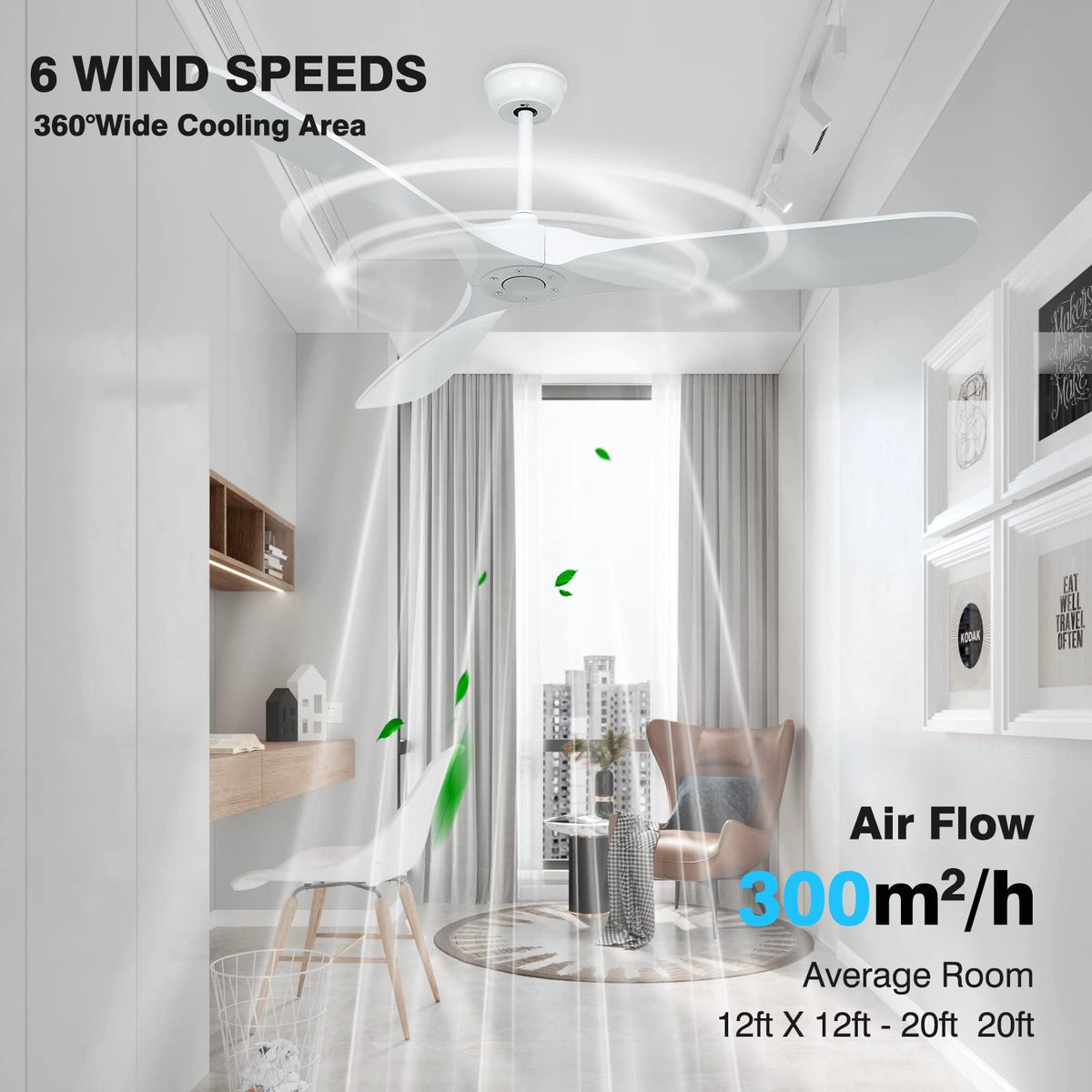HUMHOLD 60" Wood Ceiling Fan no Lights with Remote, Reversible DC Motor 6-Speed Ceiling Fan, 3 Wood Fan Blades White Ceiling Fan without Light, Modern Propeller Ceiling Fans for Bedroom/Living Room