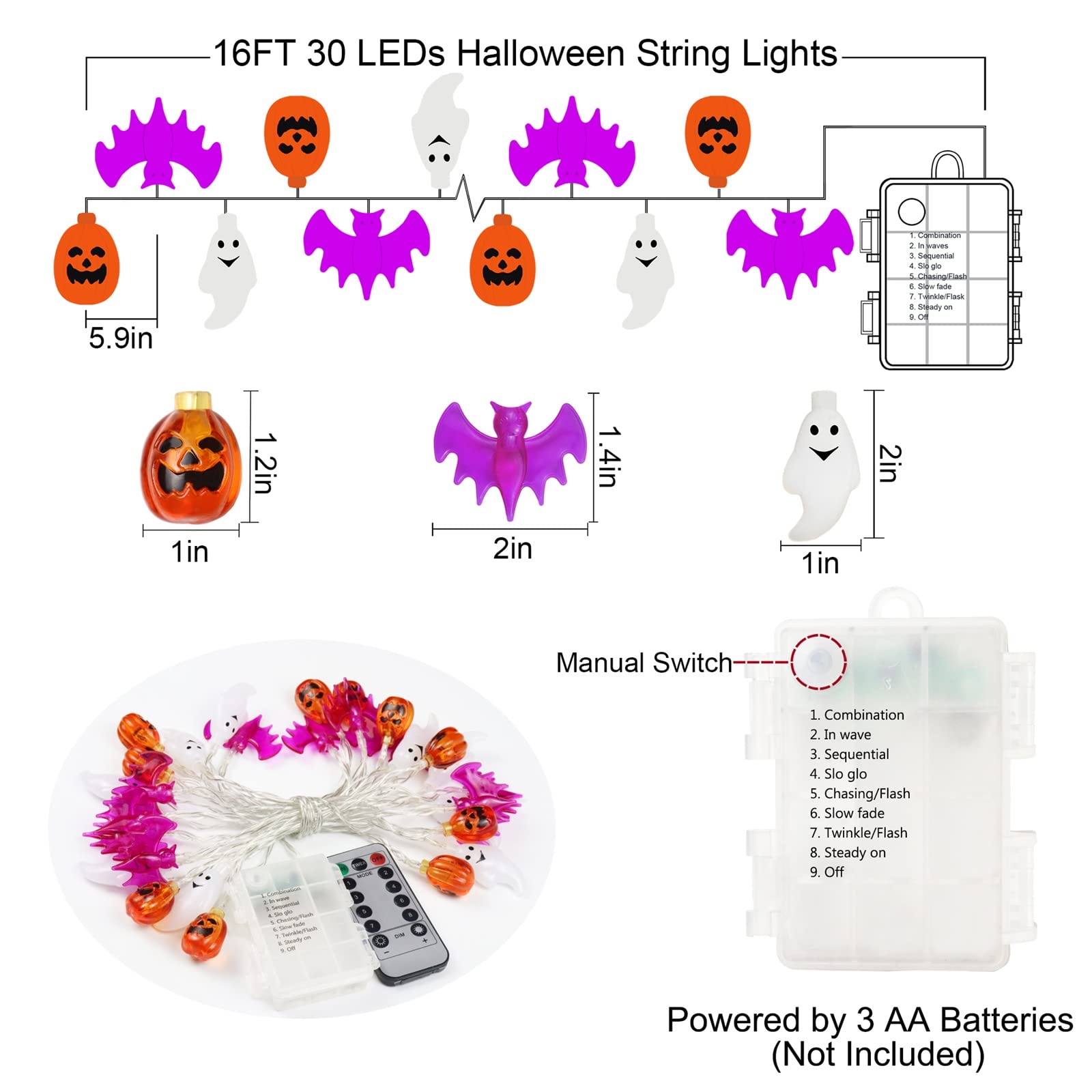 Halloween Lights, 16FT 30 LED Waterproof 3D Pumpkin Bat Ghost Battery Operated String Lights with Timer - 8 Lighting Modes Fairy Light for Window Indoor Outdoor Decor Halloween Party Decorations