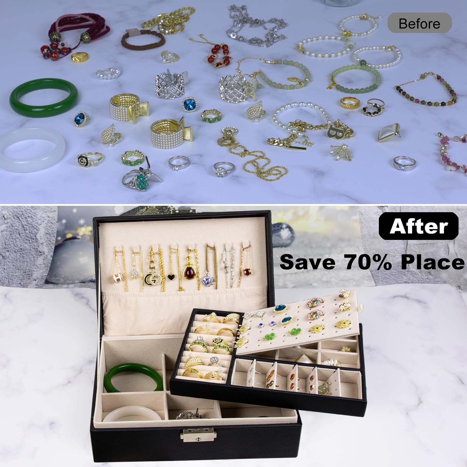 SYCARON Jewelry Box Organizer for Mothers Day Gifts, Jewelry Organizers 2 Layer Jewelry Storage Box PU Leather with Lock for Women Girls Rings Earrings Necklace Bracelets, Black