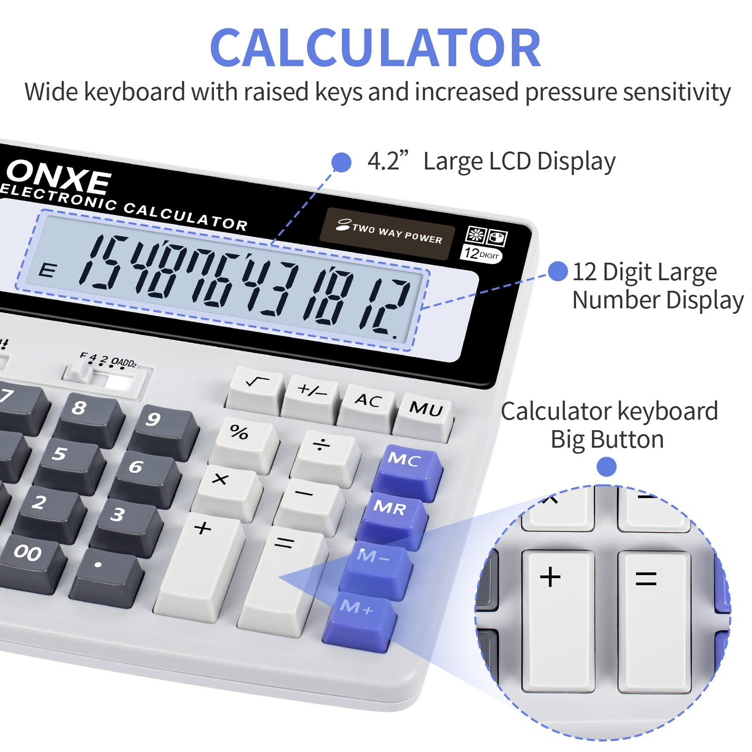 Calculator,12 Digit Extra Large LCD Display Office Desk Calculators, Two Way Power Battery and Solar,Big Button Standard Basic 4 Function Desktop Calculators for Office Financial Accounting Business
