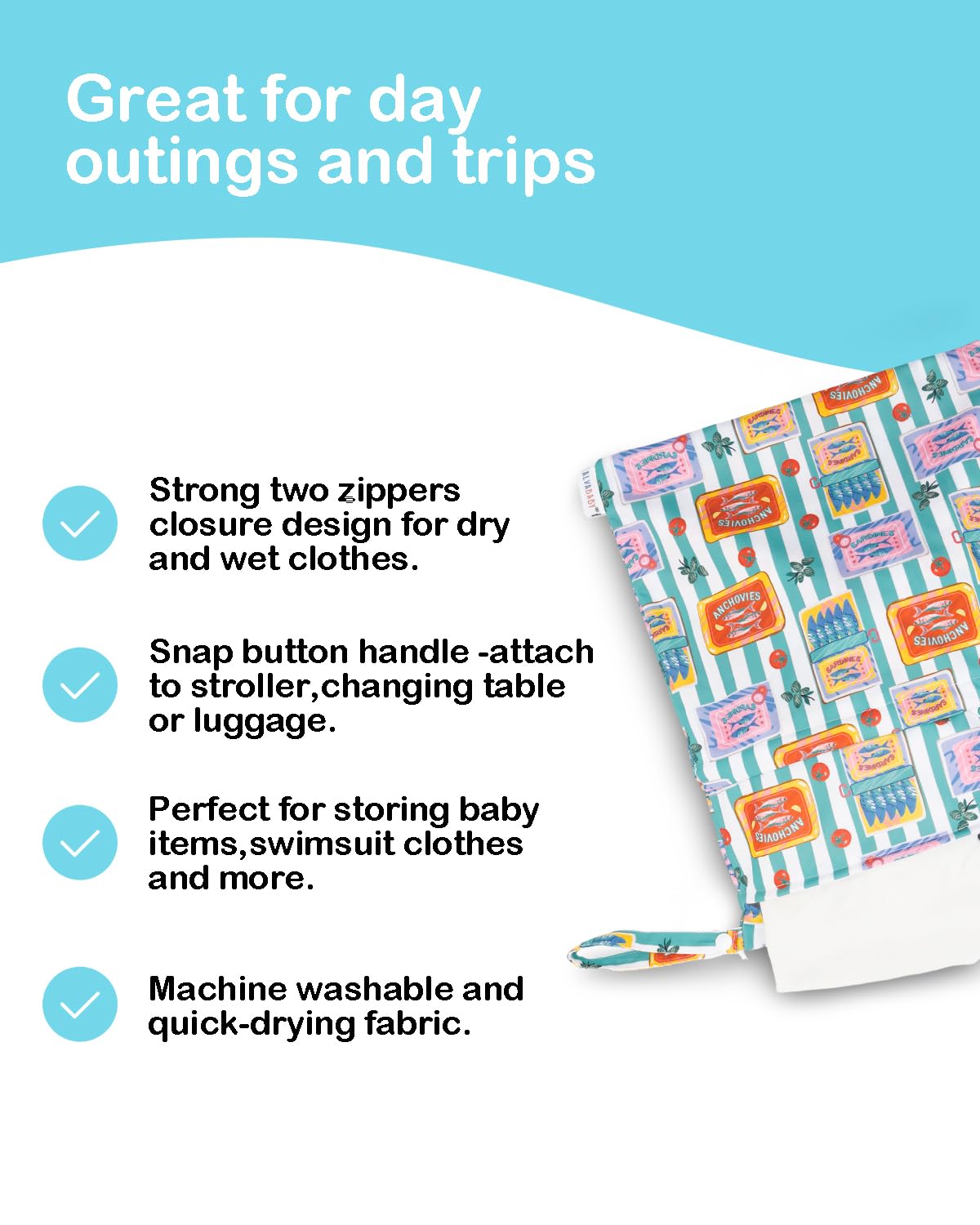 ALVA ALVABABY 2pcs Cloth Diaper Wet Dry Bags Waterproof Reusable with Two Zippered Pockets Travel Beach Pool Daycare Soiled Baby Items Yoga Gym Bag for Swimsuits or Wet Clothes 2LM22