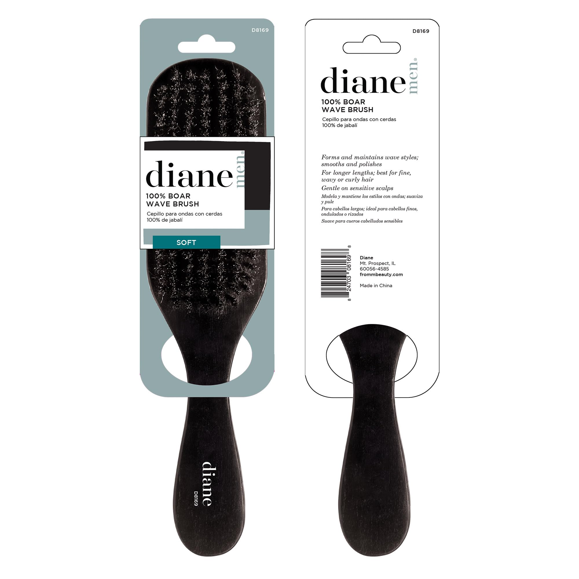 Diane 100% Soft Boar Bristle Brush for Men and Women – Soft Bristles for Fine to Medium Hair – Use for Smoothing, Wave Styles, Soft on Scalp, Club Handle, D8169