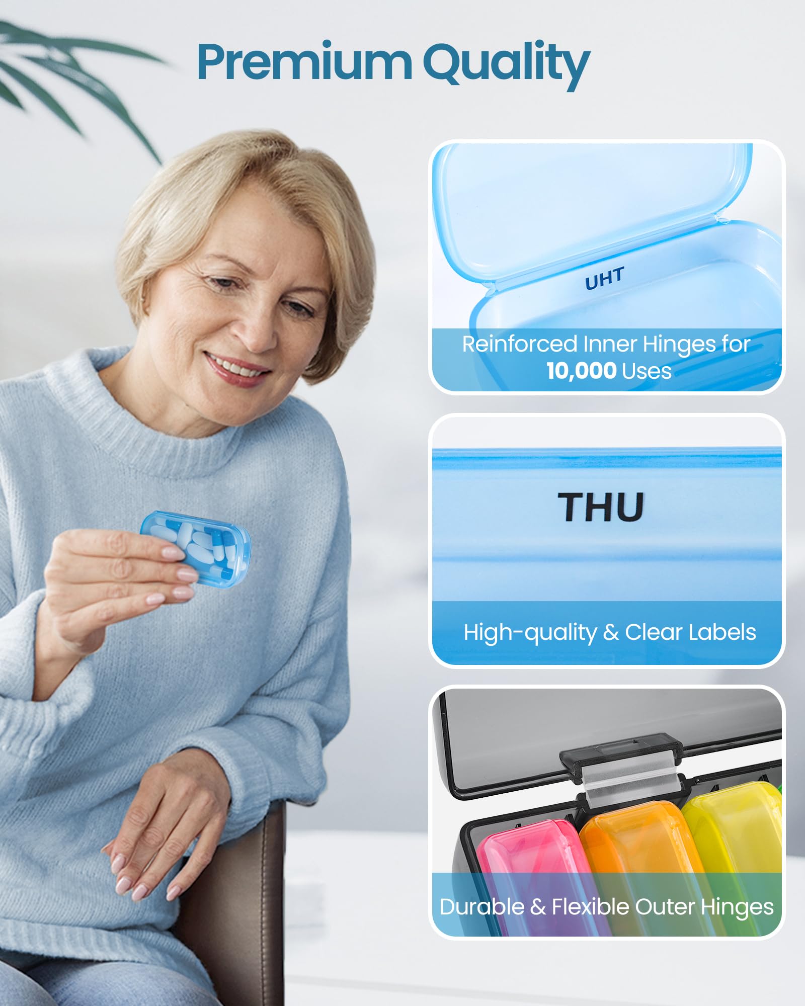 XL Weekly Pill Organizer with Dual Protection, ADERI Portable Pill Box 7 Day, Detachable Daily Pill Cases in Pocket Size for Purse, Pocket, Easy to Open Medicine Organizer to Hold Vitamins, Fish Oils
