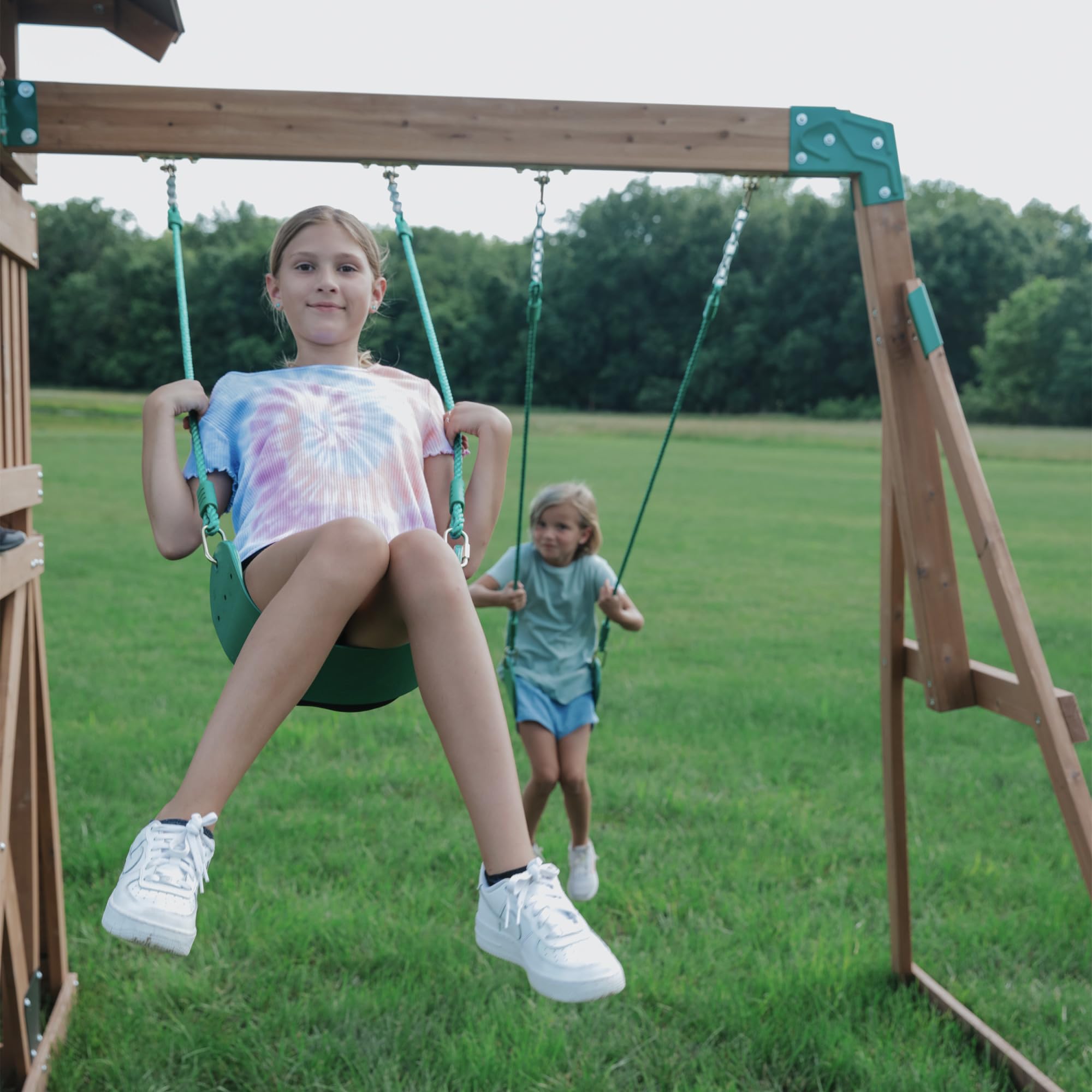 Backyard Discovery Lightning Ridge Cedar Wood Swing Set with Wave Slide, Play Deck, Rock Wall, Sandbox, Belt Swings, Toy Telescope, Steering Wheel, Step Ladder, Outdoor Playset