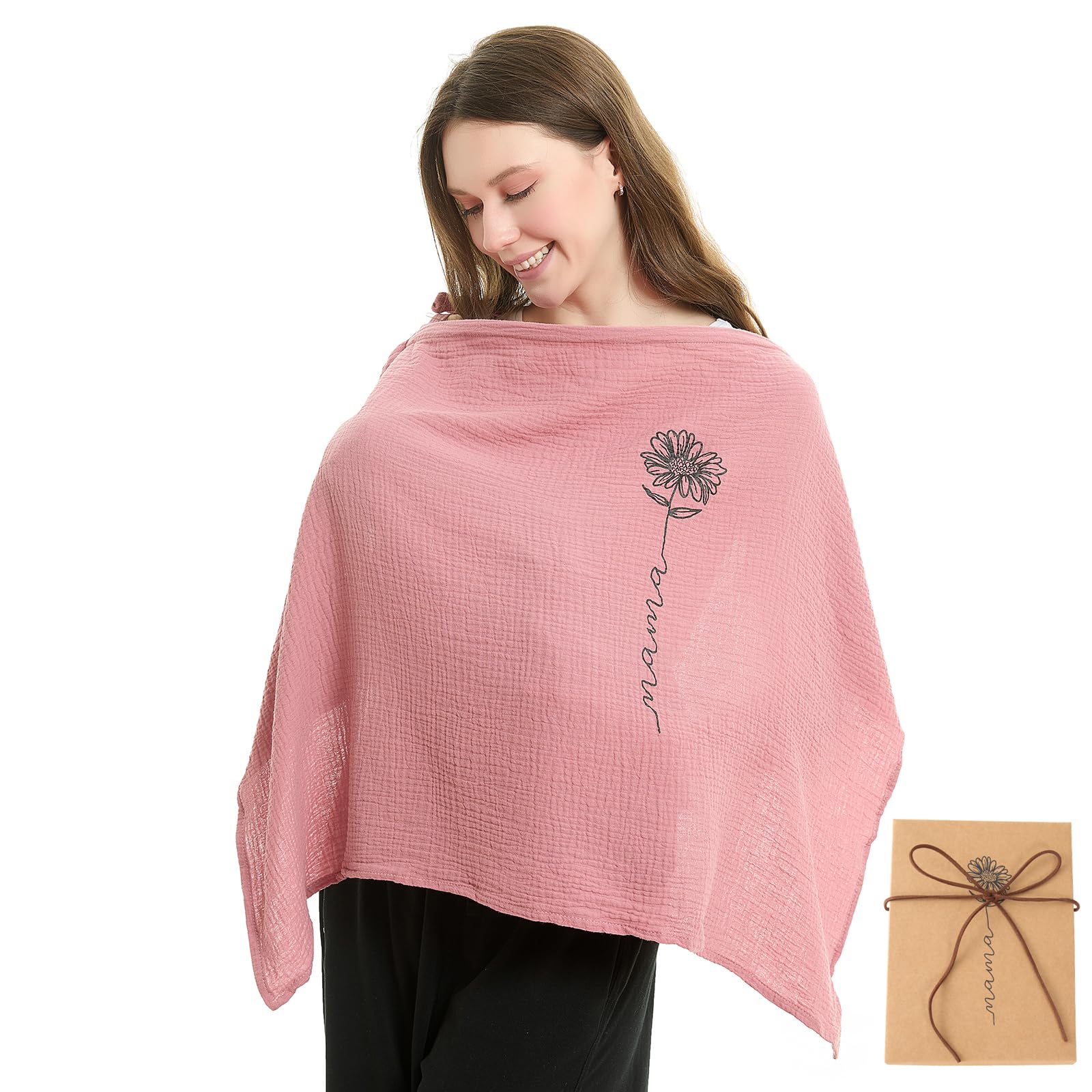 RWRWMOONPUT Muslin Nursing Cover for Baby Breastfeeding, Nursing Clothes with hoop for Mom Breathable, Cotton Multi-use Carseat Canopy (Dusty rose)