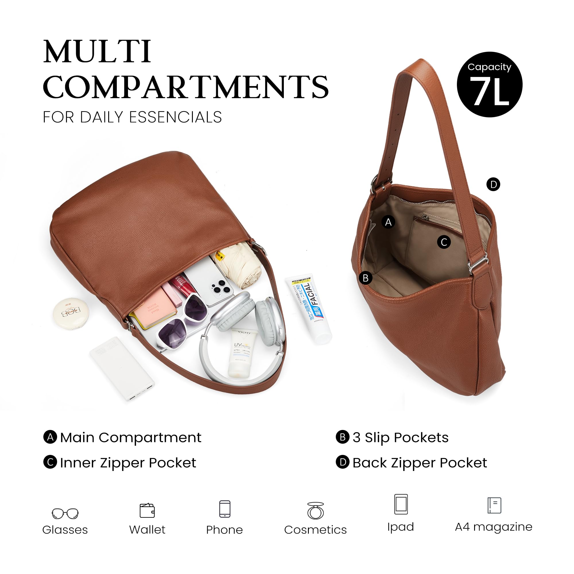 befen Genuine Leather Slouchy Hobo Bags for Women, Brown Leather Purse Top Grain Leather Crossbody Bag for Women Designer Soft Handbag Trendy Women's Shoulder Handbags with Adjustable Strap For Daily
