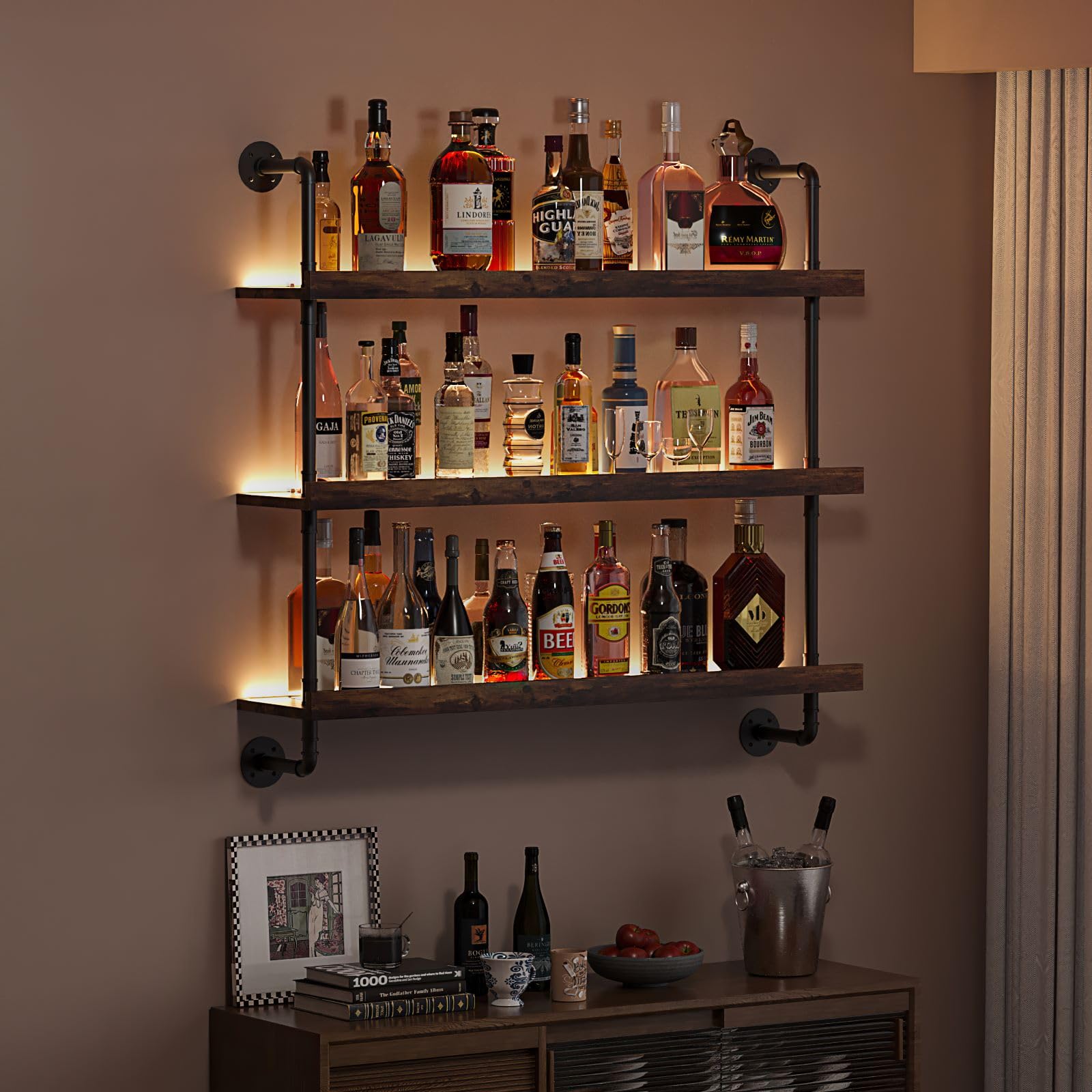 Woskar 3-Tier Wall Mounted Wine Rack with LED,Liquor Bottles Floating Shelves Display Storage Organizer for Home Bar Dining Room Kitchen (31.5" W x 47.2" H x 8.6" D)
