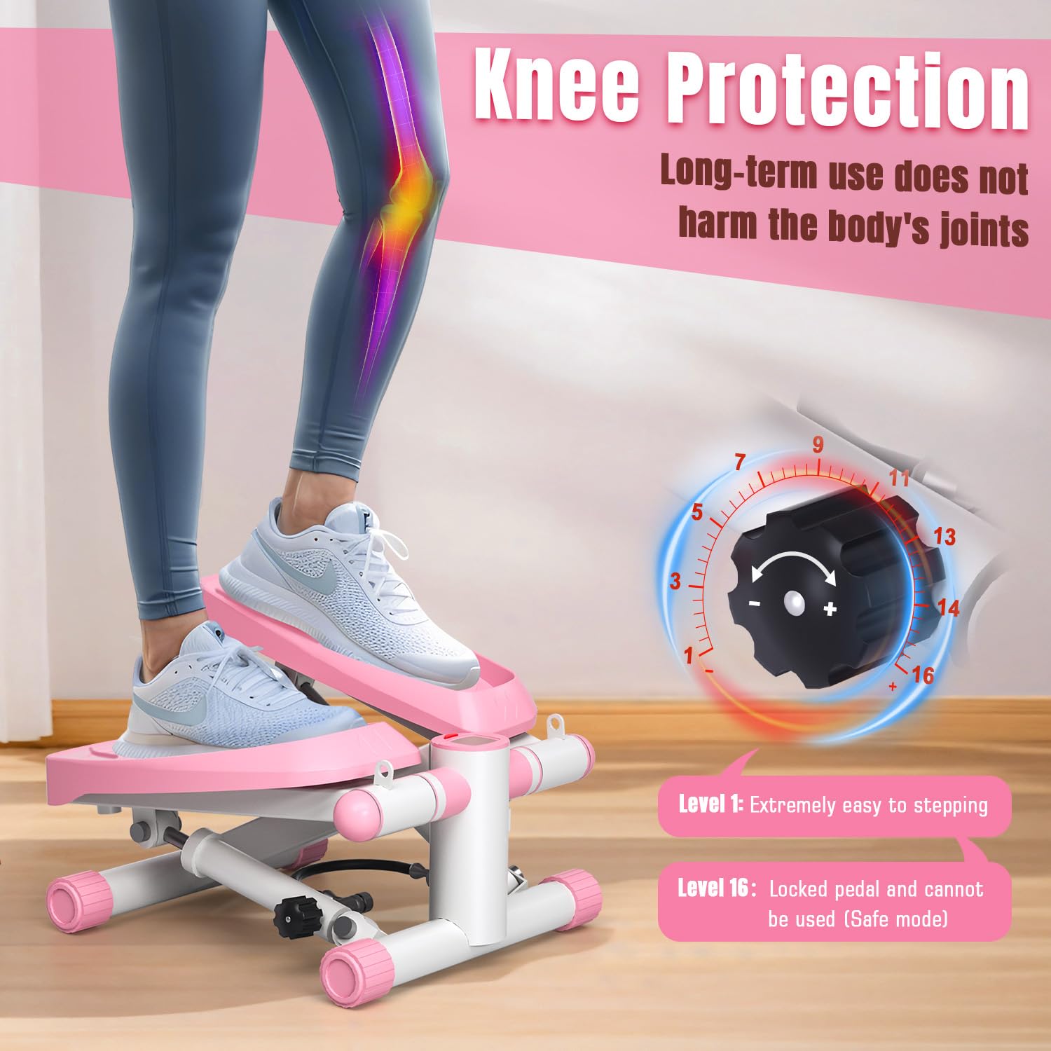 VitalLeap Steppers for Exercise at Home, Adjustable Resistance Stair Steppers for Women with Arm Training Bands, 10DB Super Quiet Mini Steppers with 350LBS Loading Bearing Home Fitness Equipment