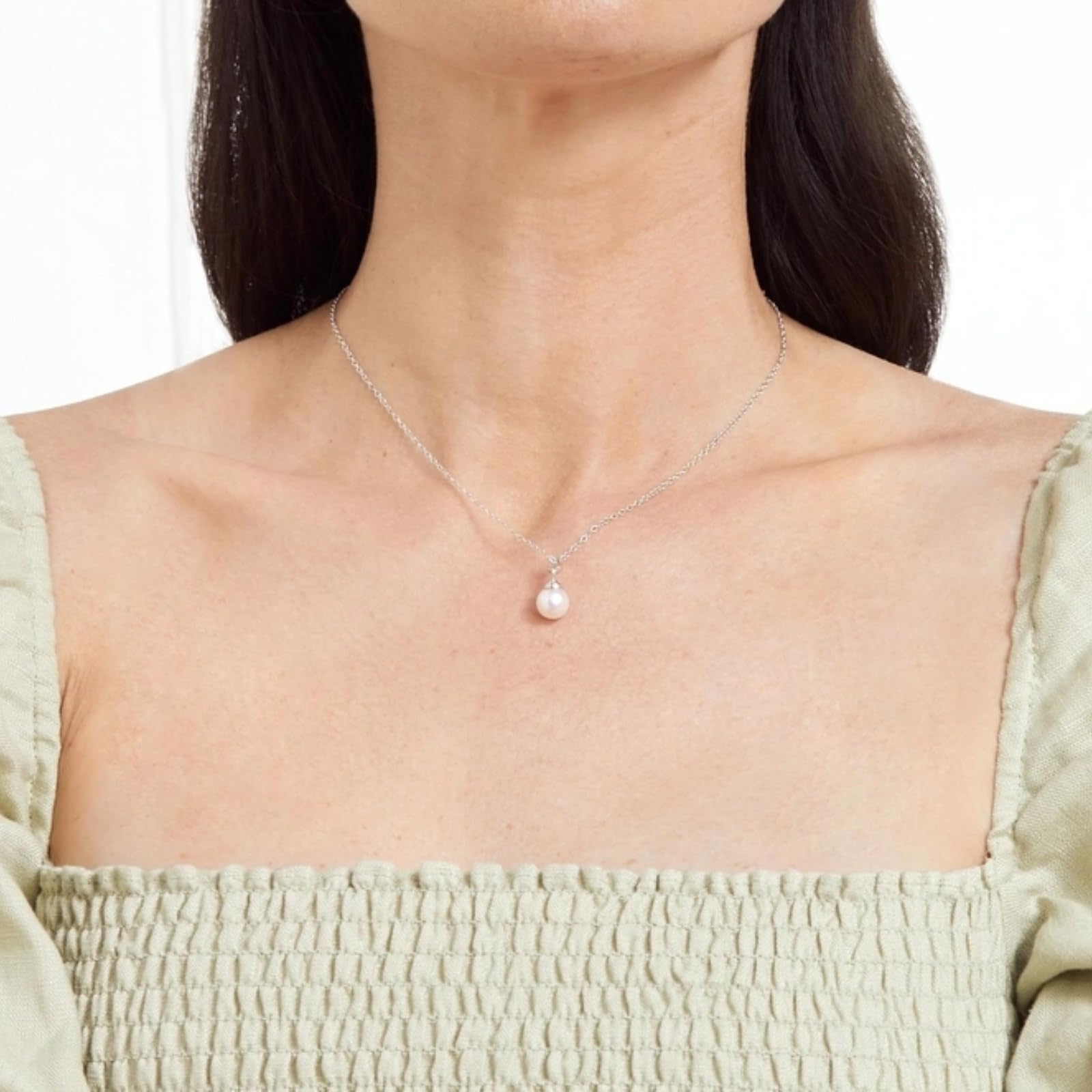 The Pearl Source 8mm White Freshwater Pearl Pendant Sydney Necklace for Women - Cultured Pearl Necklace | Single Pearl Necklace for Women with 925 Sterling Silver Chain