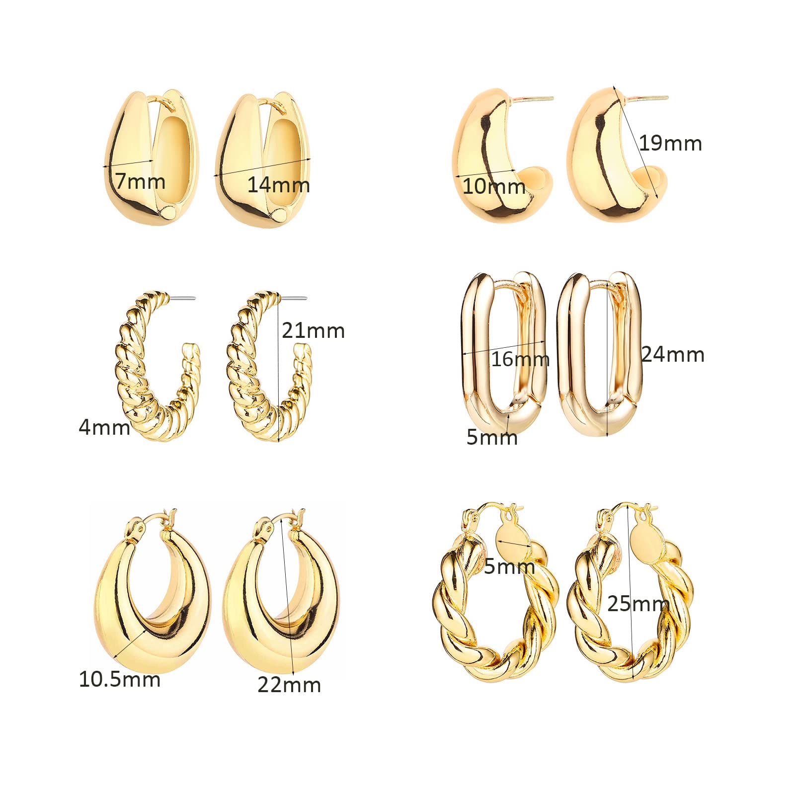 6 Pairs 14K Gold Hoop Earrings for Women Lightweight Chunky Hoop Earrings Multipack Hypoallergenic, Thick Open Twisted Huggie Hoops Earring Set Jewelry for Gifts. (Silver)