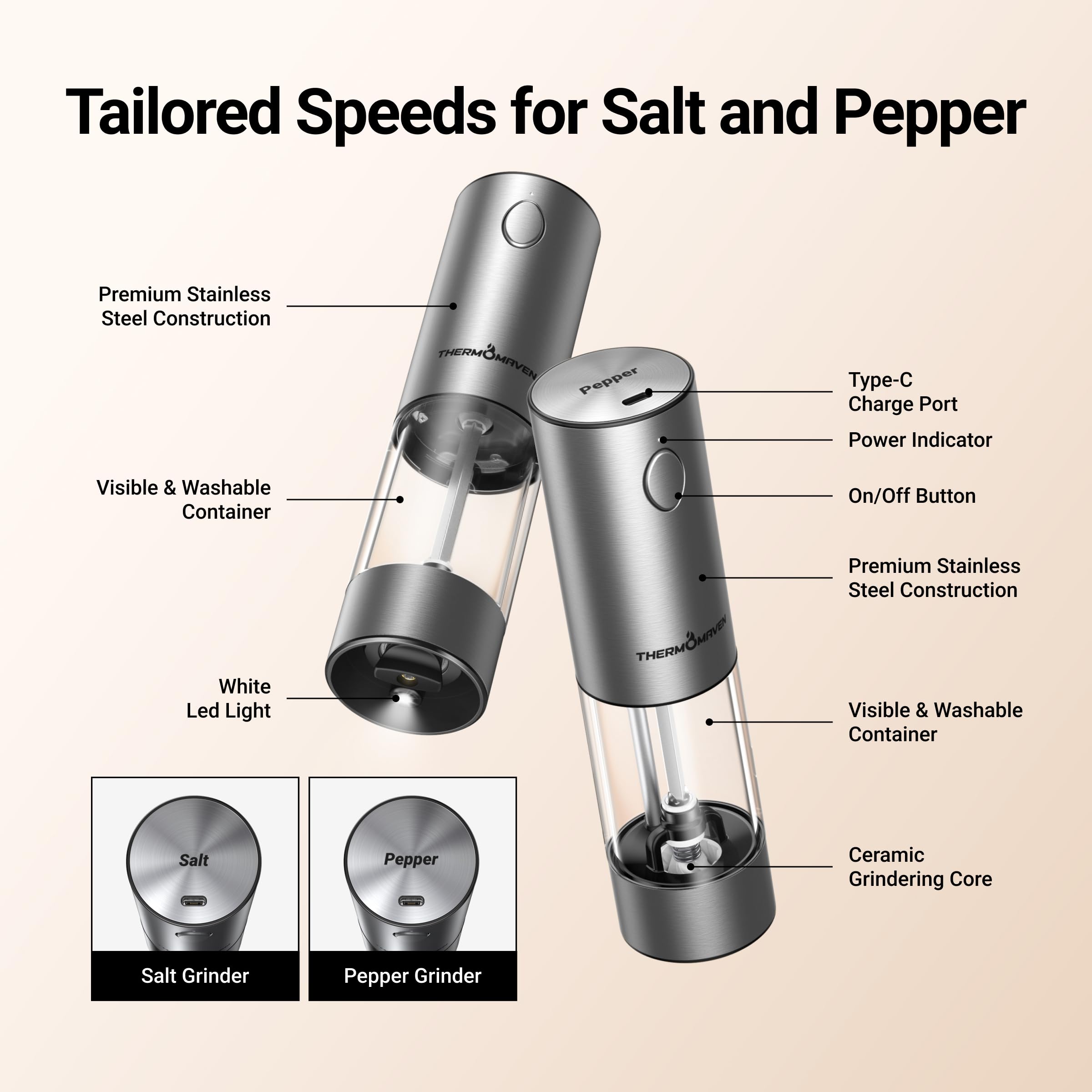 ThermoMaven Electric Salt and Pepper Grinder Set, 110ml Larger Rechargeable Automatic Salt and Pepper Mill Grinder with 6 Adjustable Coarseness, Electric Salt and Pepper Shakers, LED, Gun Grey