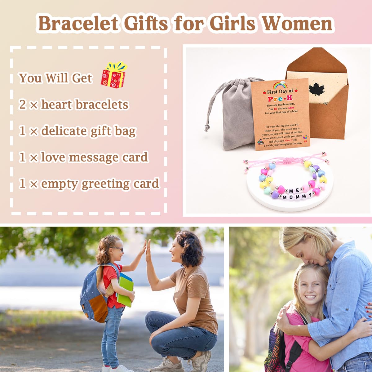 IKIATY First Day of Preschool Bracelet Gifts, First Day of School Prek Bracelet Mommy and Me, Mother Mom and Daughter Heart Bracelets Set 2, Back to School Gifts for Girls Daughter