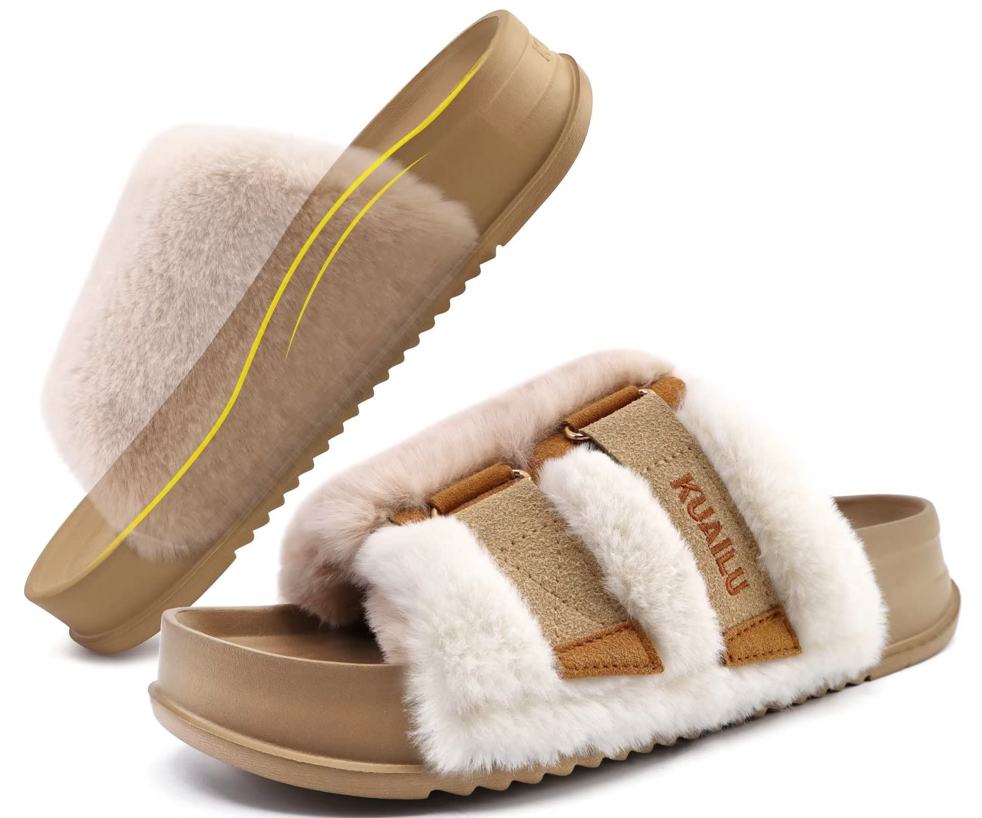 KuaiLu Womens Slides Soft Cushion Faux Fur Sandals for Women Open Toe House Slipper with Arch Support Ladies Slip On Fuzzy Platform Slipper Indoor Outdoor,Beige Size 8
