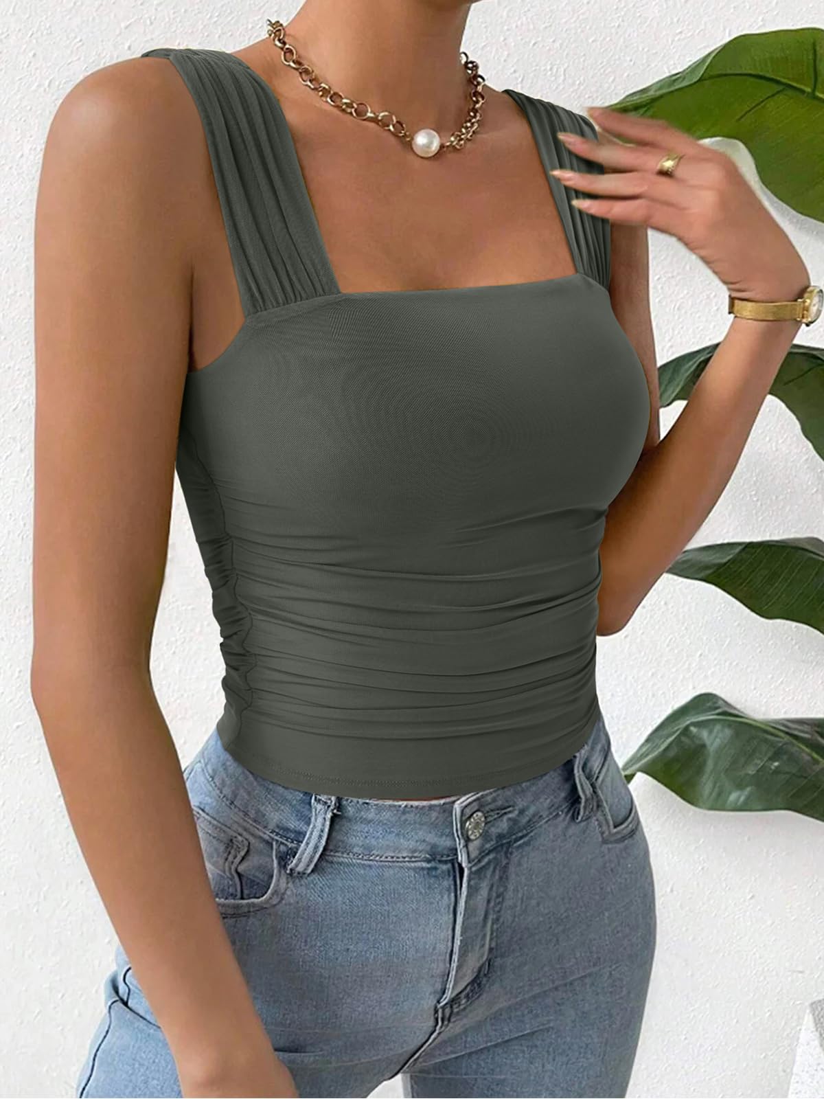 REORIA Womens Sexy Square Neck Double Lined Mesh Sheer Ruched Crop Going Out Tops Y2k Trendy Cute Tank Top Summer Outfits Green Medium