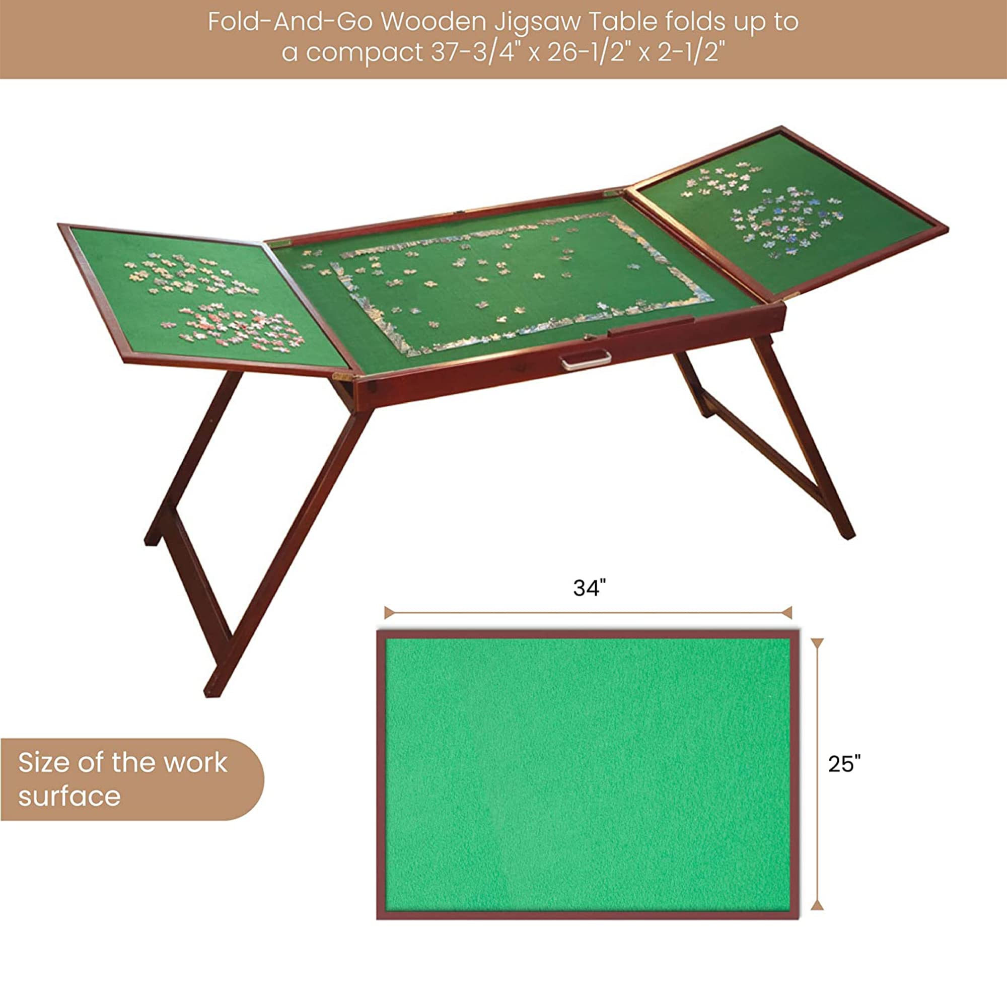 Bits and Pieces Fold-and-Go Wooden Jigsaw Puzzle Table with Legs, Foldable Puzzle Board for Up to 1500 Pieces, 30" Tall, 25" x 34" Assembly Surface