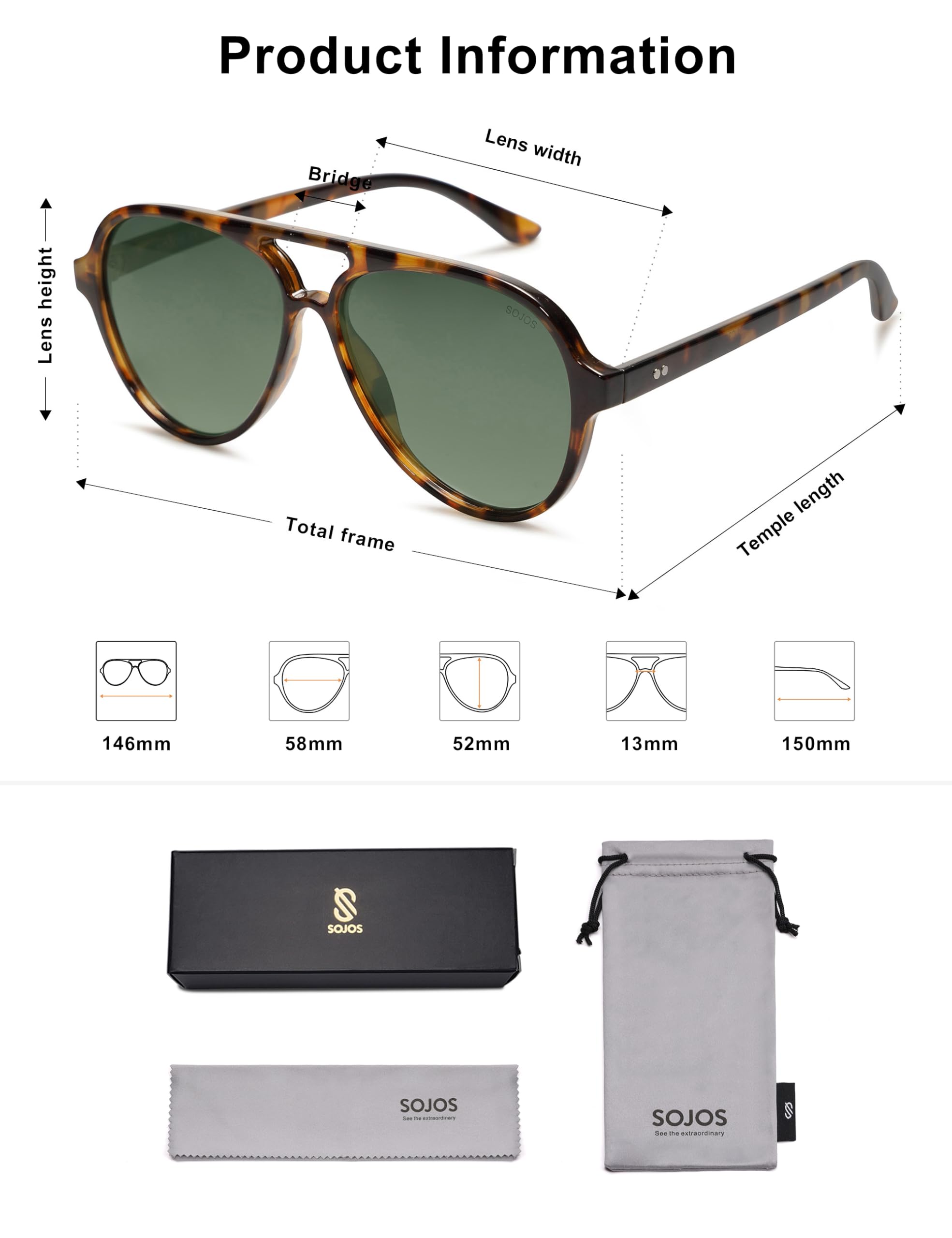 SOJOS Classic Polarized Aviator Sunglasses for Women Men, Retro Trendy Aviators Shades SJ2201, Tortoise/Gradient Green