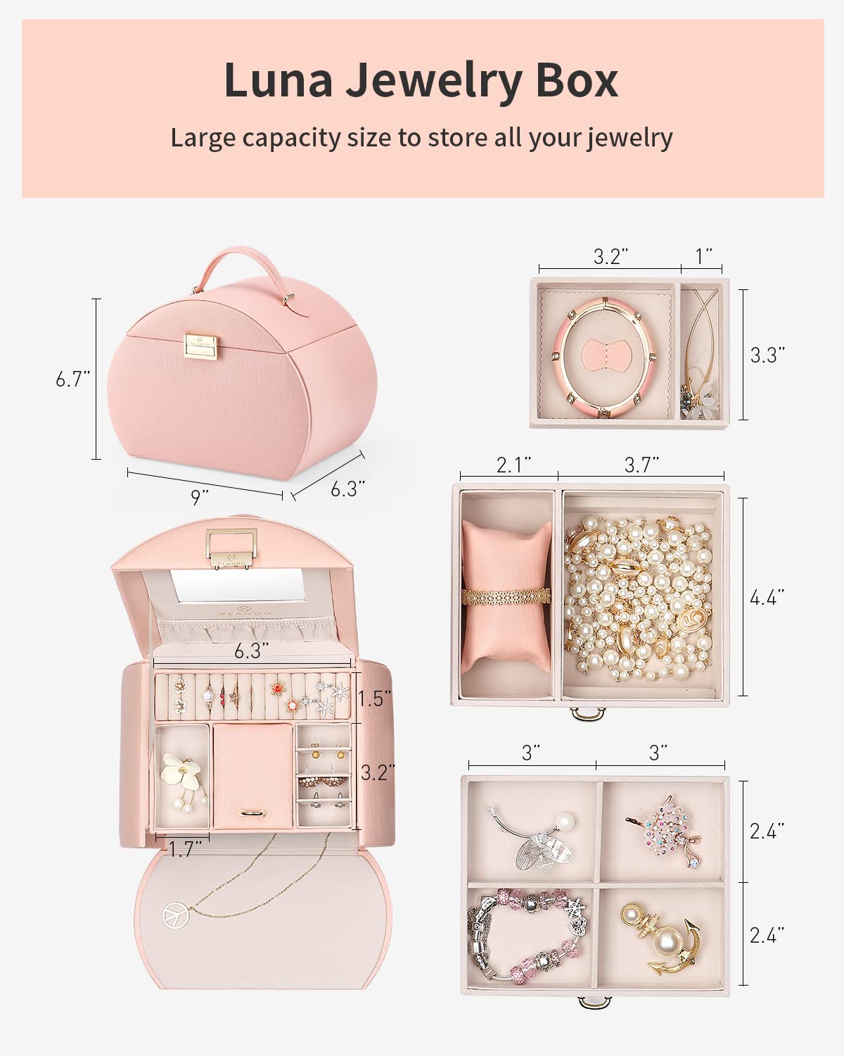 Vlando Princess Style Jewelry Box for Girls Jewelry Box Girls 12-14 3-Layer Kids Jewelry Box with Mirror Little Girls Jewelry Box 8-12 Valentines Day Gift for Teens Girls (Pink)