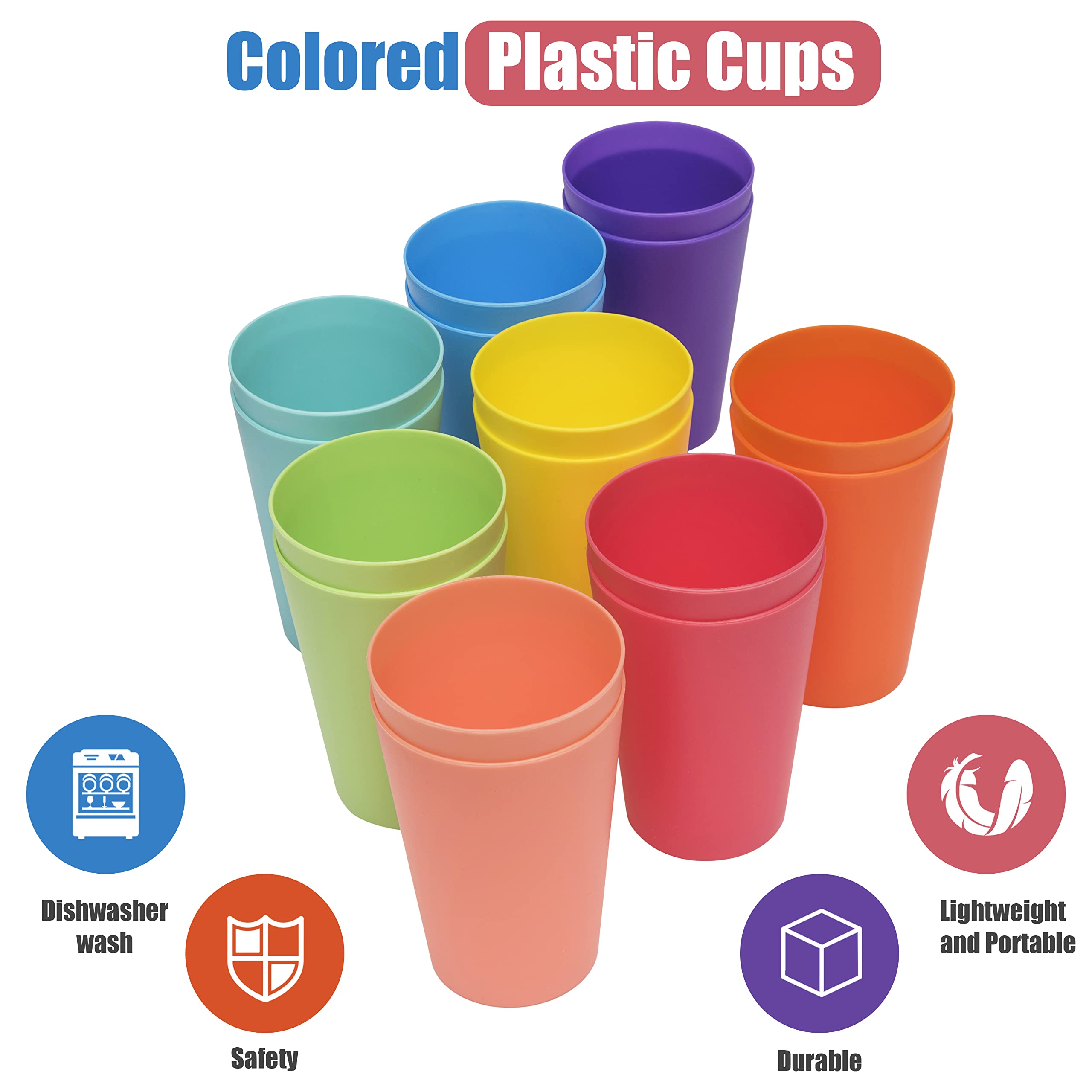 Klickpick Home - Set of 16 Kids Plastic Cups - 12 Ounce Children Drinking Cups Tumblers Reusable - Dishwasher Safe - BPA-Free Cups for Kids & Toddlers Bright Colored Unbreakable Kids And Toddler Cups