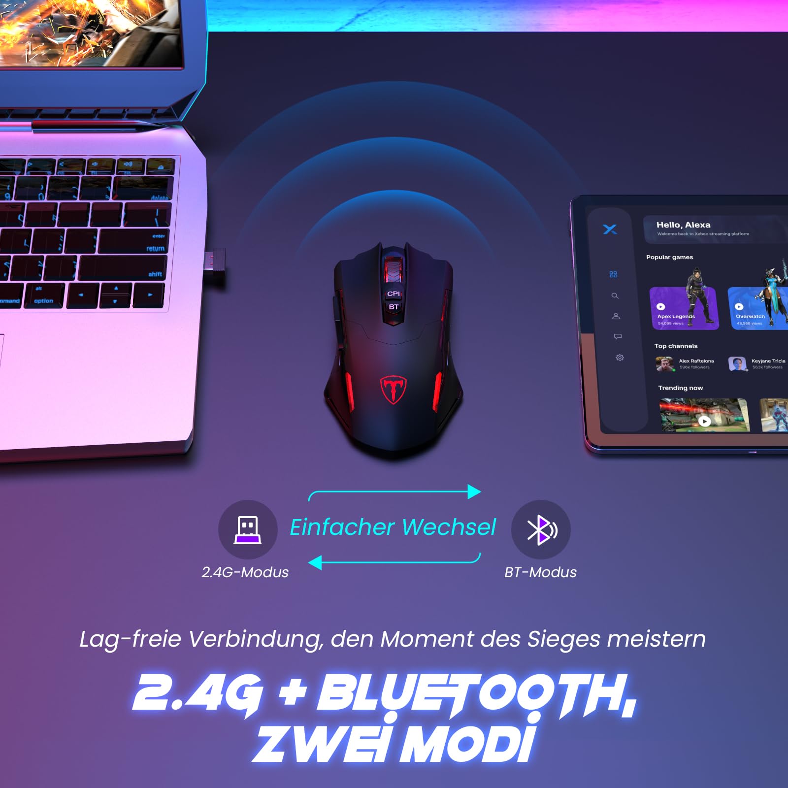 RisoPhy Wireless Gaming Mouse with 8000 DPI, 2.4G & Bluetooth Dual Mode Connection - Ergonomic Design, 7 Programmable Buttons, RGB backlighting, Precision Sensor for PC and Gaming