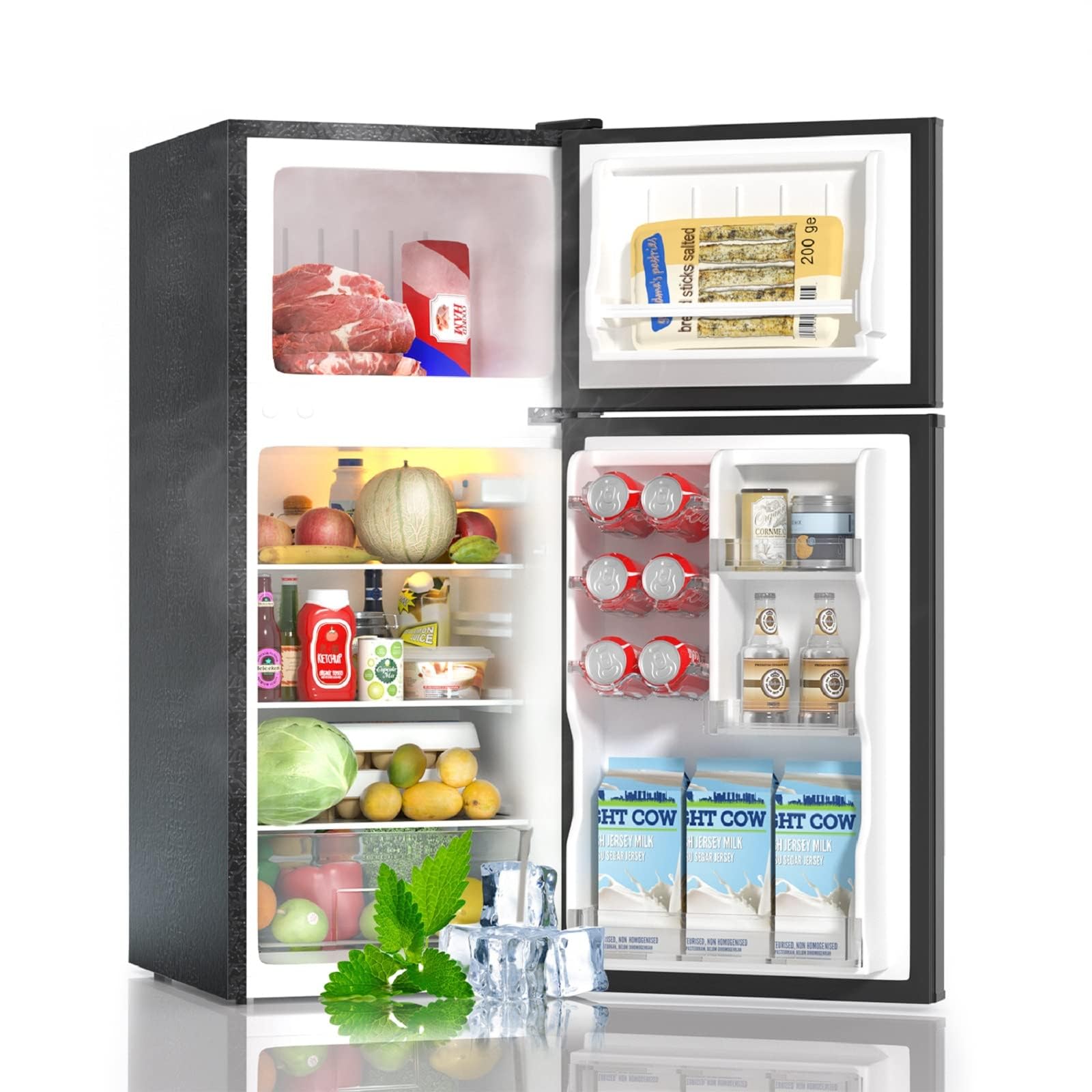 BANGSON Small Refrigerator with Freezer, 4.0 Cu.Ft, Samll Fridge with Freezer, 5 Settings Temperature Adjustable, 2 Doors, Refrigerator for Apartment Bedroom Dorm and Office, Black