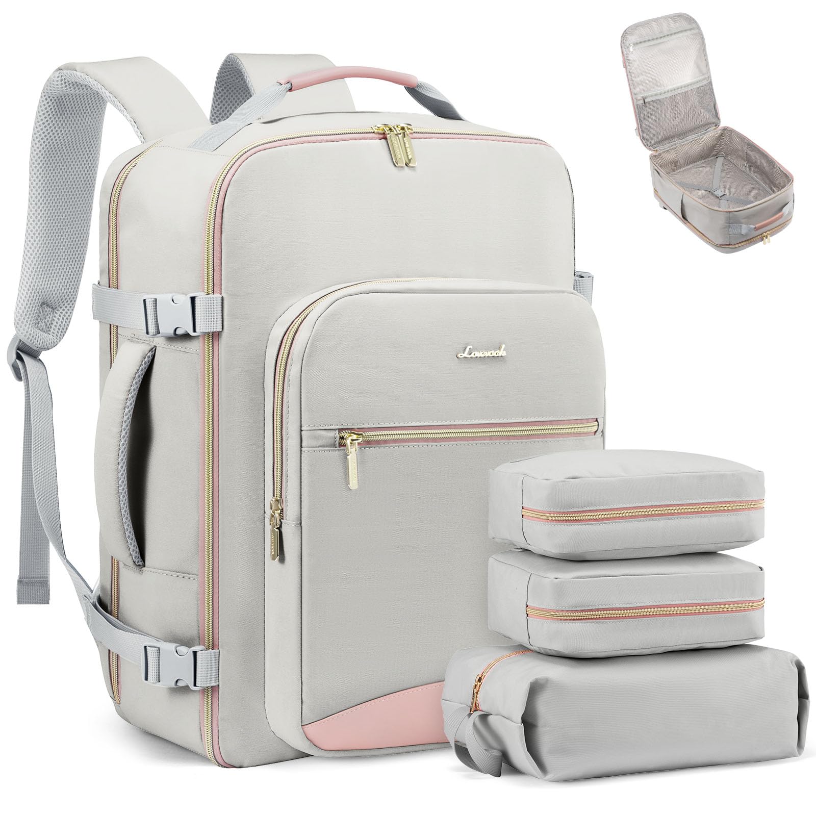LOVEVOOK Travel Backpack for Women & Men 40L,Airline Approved Carry On Backpack Travel Essentials,TSA Carry on Luggage,Waterproof Personal Item Travel Bag,Suitcase with 3 Packing Cubes,Light gray-Pink