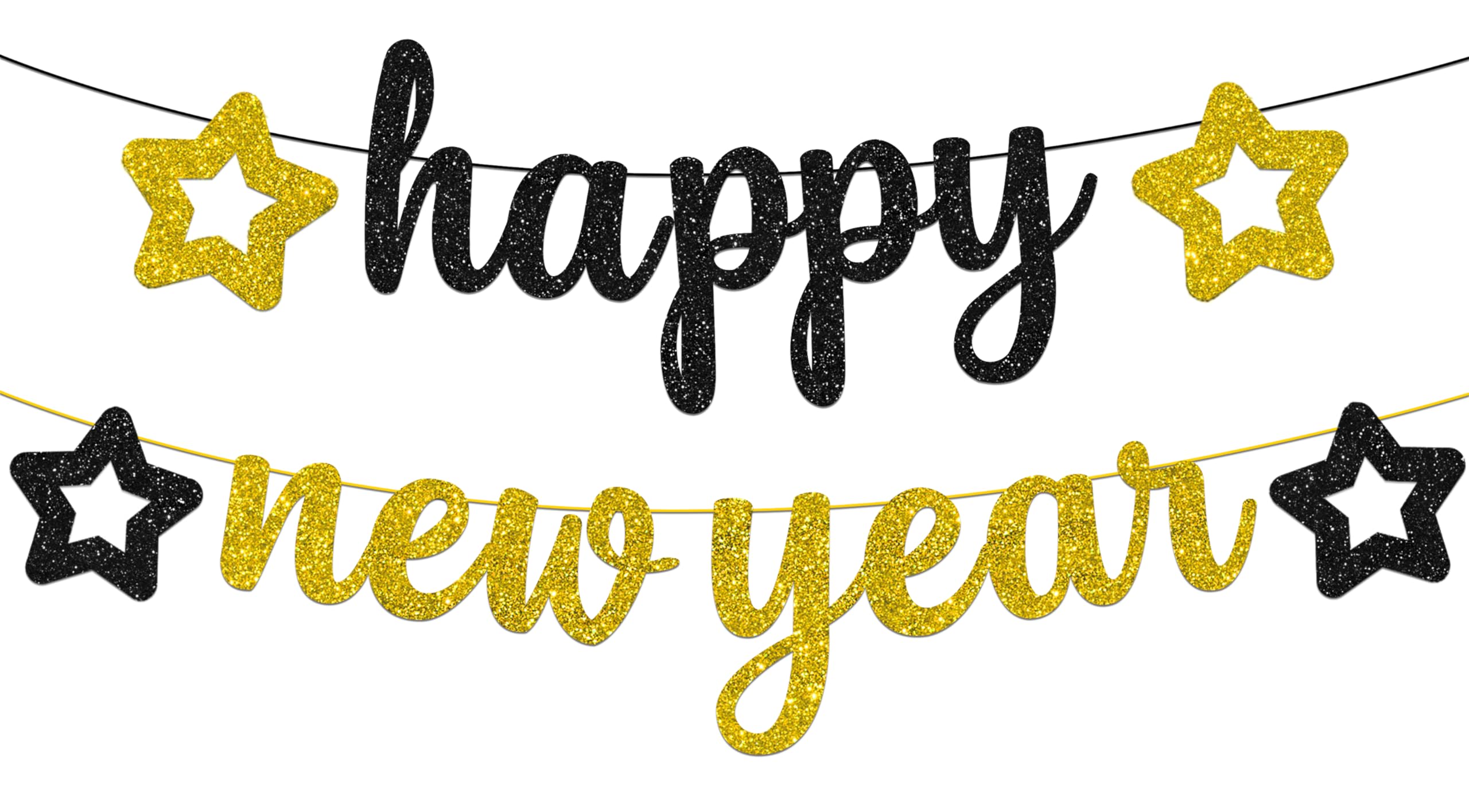 Black Gold Glittery Happy New Year Banner Paper Star Bunting Hanging Garland for New Year Theme Party Decoration