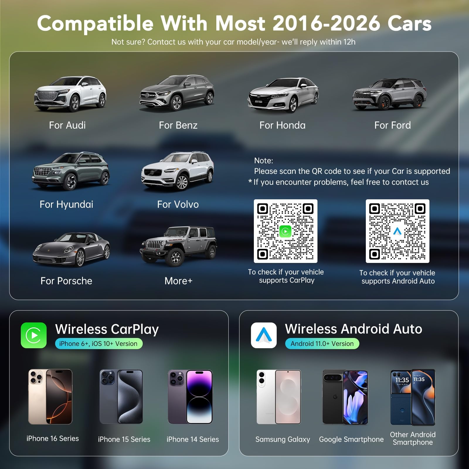 Wireless CarPlay Adapter for iPhone, 2 in 1 Carplay Wireless Adapter for Apple & Android Auto (2016+ Models), Compatible with Cars with Factory Wired Carplay, Car Play Dongle with USB/USB-C(Dark Grey)