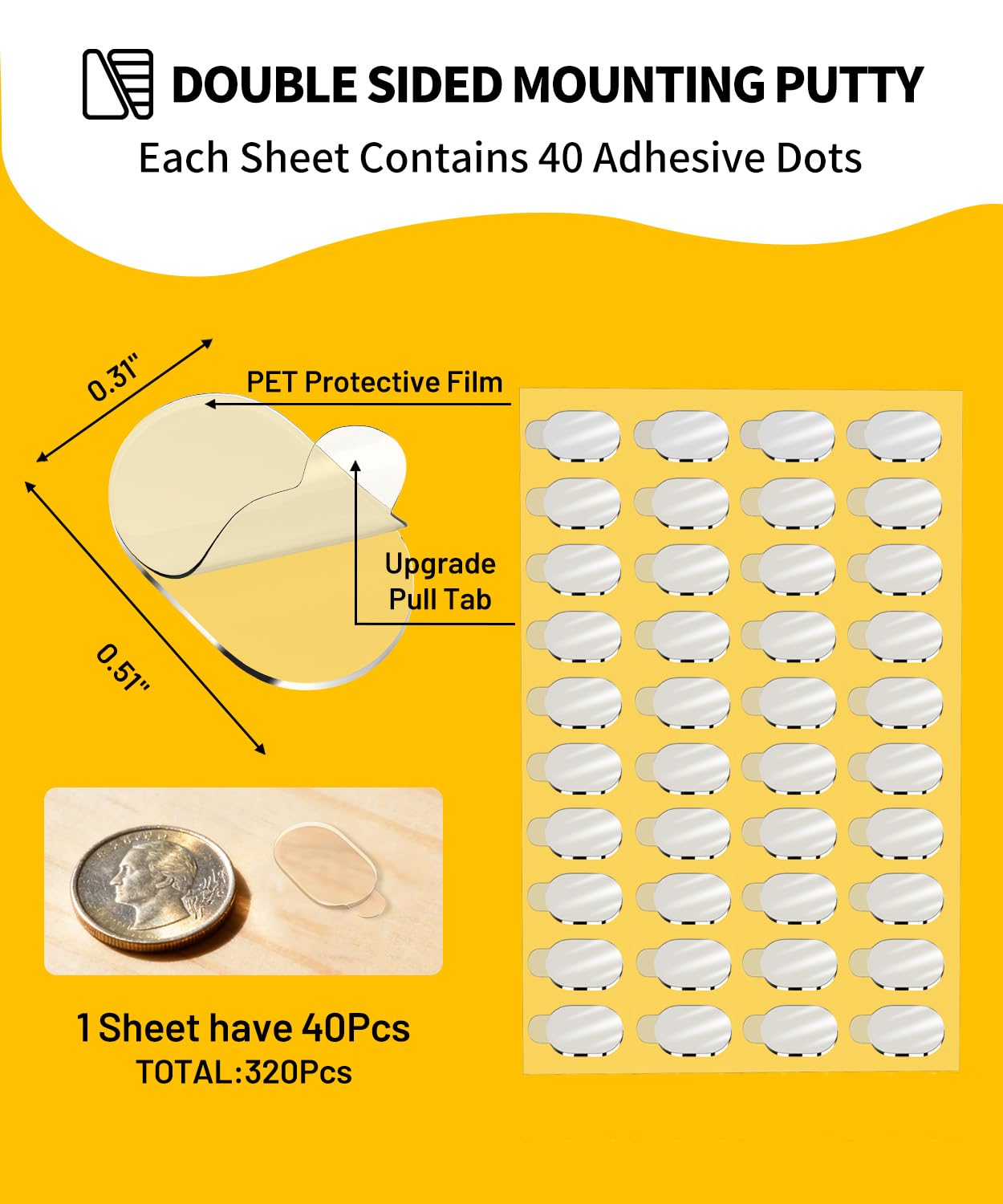 PHIXBEAR Upgraded Removable Mounting Putty with Pull Tab, Double Sided Adhesive Dots, No Trace Tape Sticky Tack Dots for Picture Crafts, 320 Pcs 0.31" x 0.51"