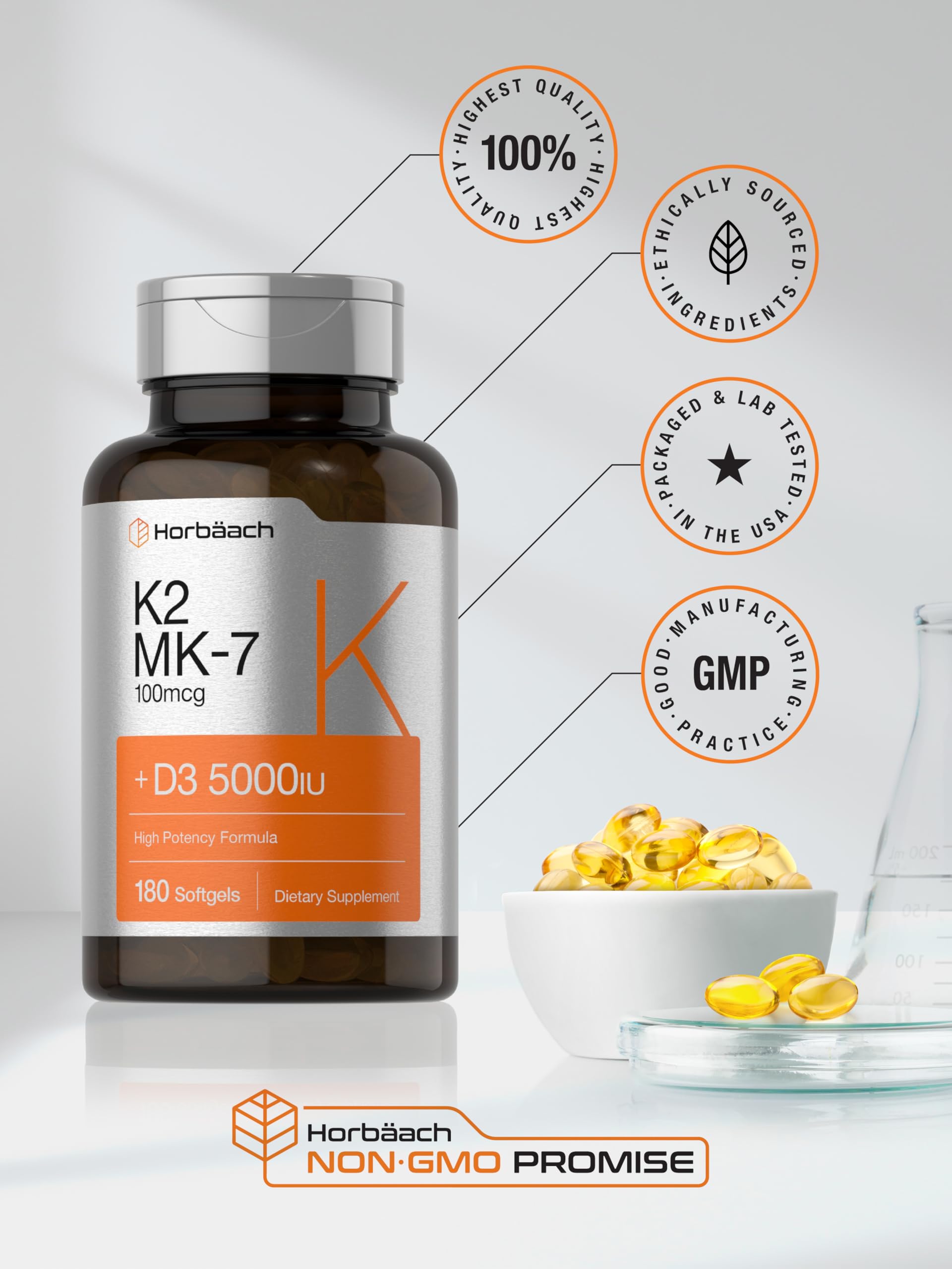 Horbäach Vitamin D3 K2 5000 iu | 100mcg MK-7 Complex | 180 Softgel Capsules | Non-GMO & Gluten Free Supplement