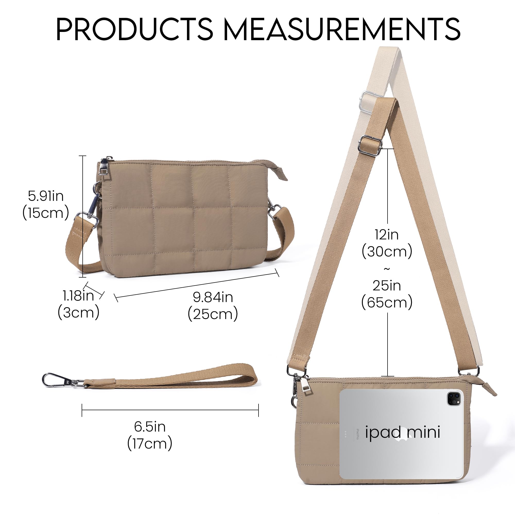 befen Puffer Crossbody Wristlet Bag for Women, RFID-Blocking Crossbody Purse Built-In Wallet, Lightweight Quilted Shoulder Handbag for Travel with Adjustable Guitar Strap &Wrist Strap, Khaki