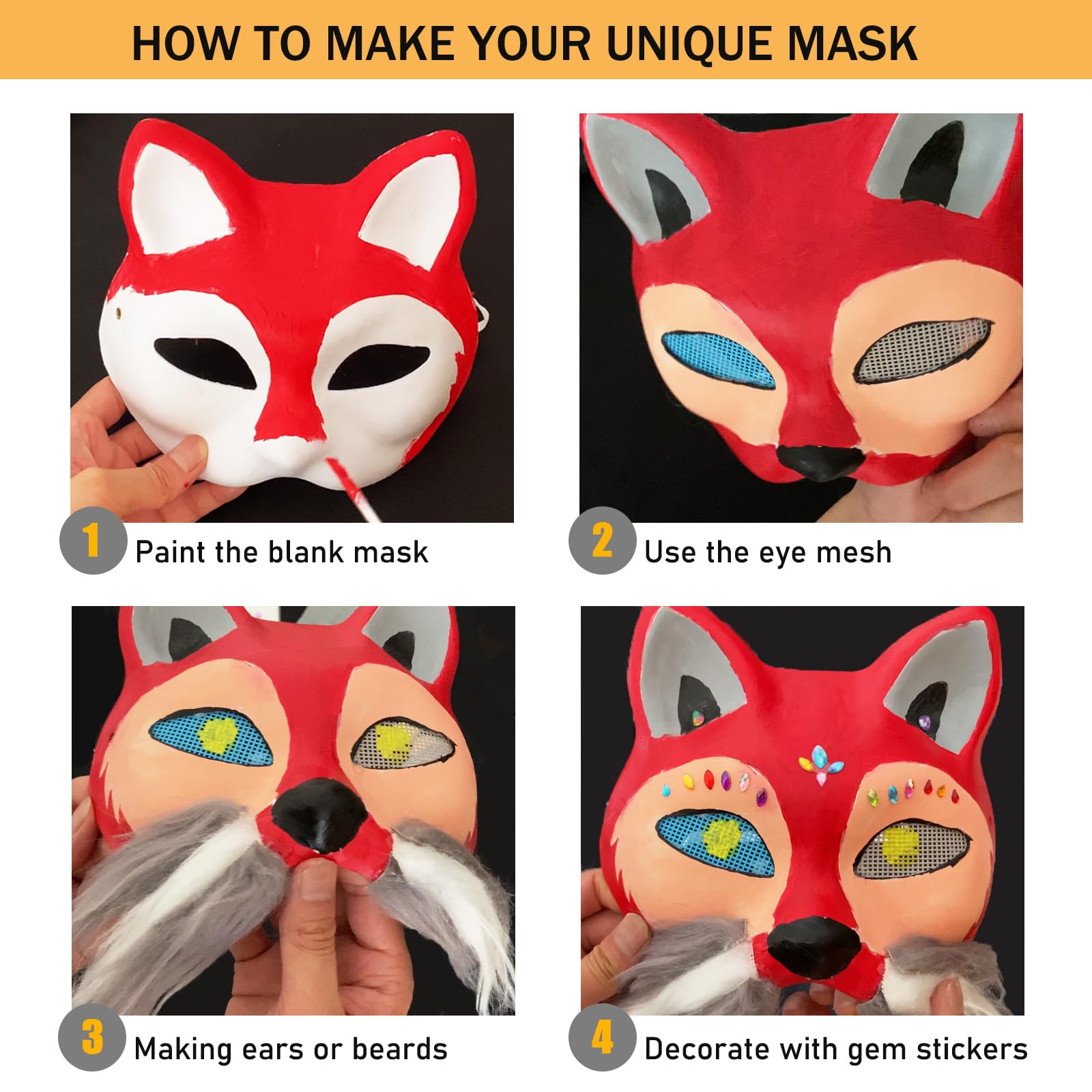 OPPKIE Cat Fox Mask 3PCS with Furs Eye Meshes and Gem Stickers, Therian Dress Up Masks to Paint, Animal Mask Arts Crafts Kit, Costume Masks for Halloween Masquerade Cosplay Party Interaction