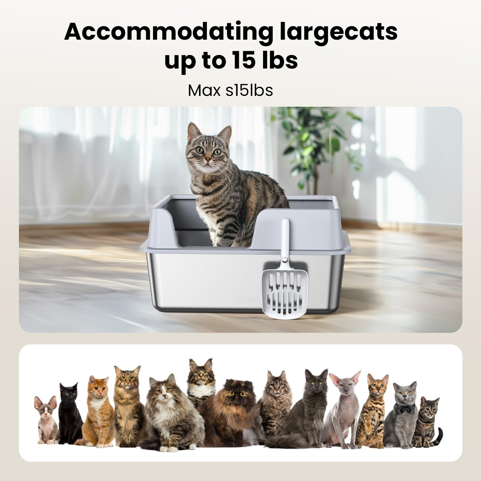 Stainless Steel Cat Litter Box with Lid, NAUGHTYTRIBE Covered Litter Box for Cats Metal Litter Pan Tray with High Wall Sides Enclosure, Anti-Leakage, Include Litter Scoop, Size:19.5"x13.6"x9.5"