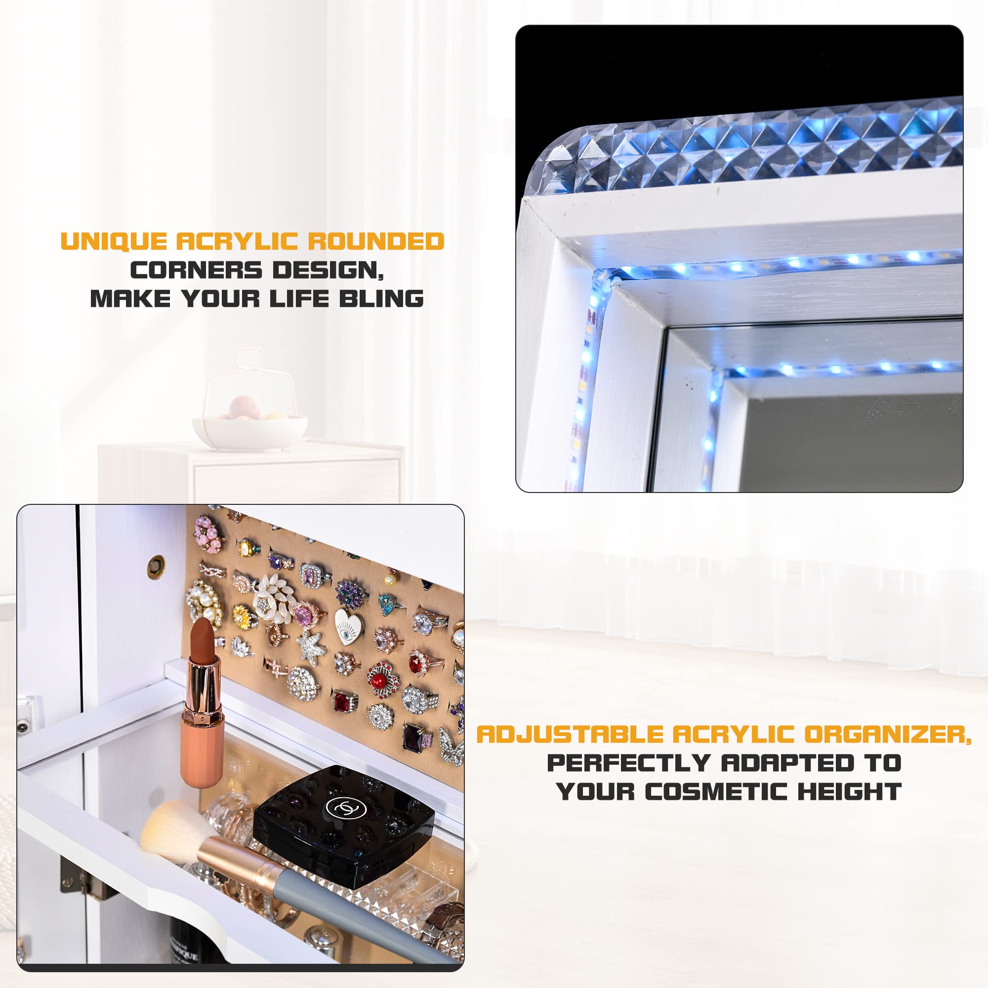 Lvifur LED Jewelry Armoire Freestanding, 3 Color Dimmable 47.2'' Full Length Mirror Large Capacity Jewelry Organizer Armoire, Lockable Floor Standing Mirror All in One for Bedroom, Cloakroom