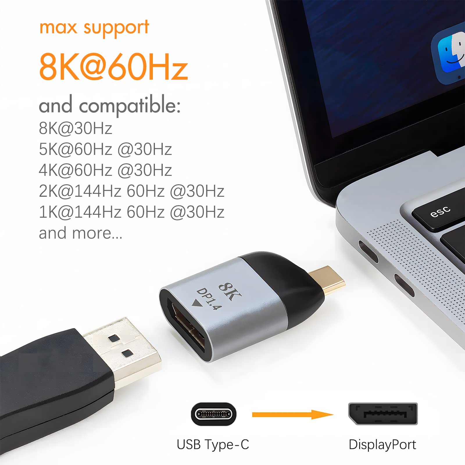 Wansurs USB C to DP 1.4 DisplayPort 8K@60Hz, USB Type C to DisplayPort Converter Compatible with MacBook, iPad Pro and Android Phone/Pad (DP1.4)